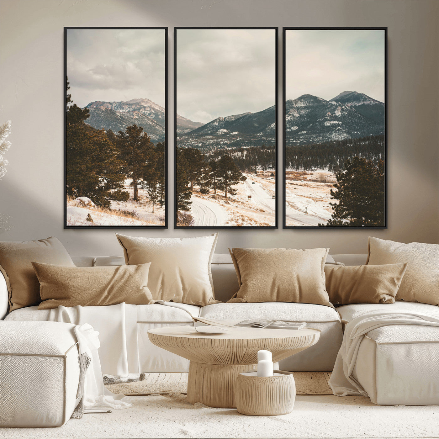 77311749-MGV-FC-48X32-3P_Black-Mountain Landscape Wall Art Canvas Print, Framed Snowy Peaks Art Picture Print, Alpine Aesthetic Perfect Rustic Winter Decor
