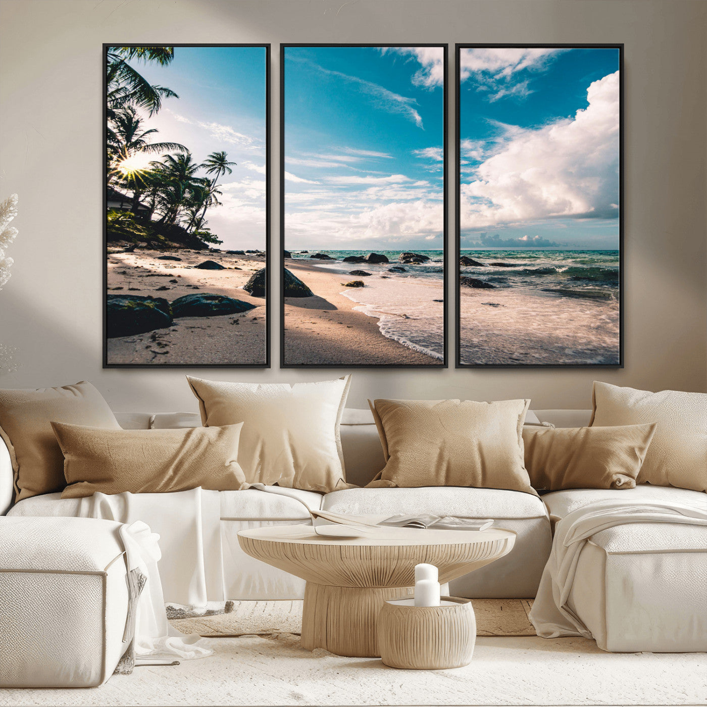 95301406-MGV-FC-48X32-3P_Black-Tropical Beach Wall Art Canvas Print, Framed Ocean Waves Art Picture Print, Relazxing Seascape Perfect Tropical Coastal Decor