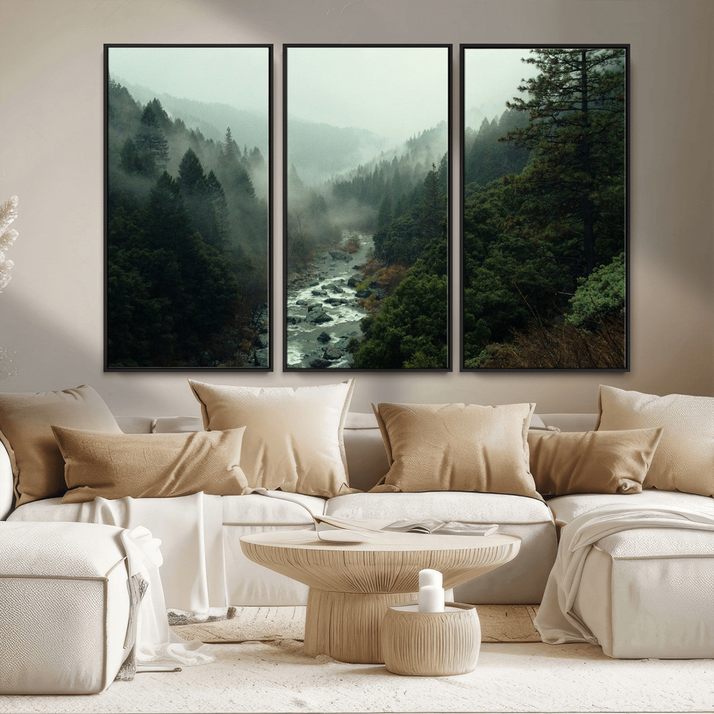 48497565-MGV-CV-36X24-Misty Forest Wall Art Canvas Print, Framed Foggy River Art Picture Print, Moody Landscape Perfect Moody Wilderness Decor Artwork