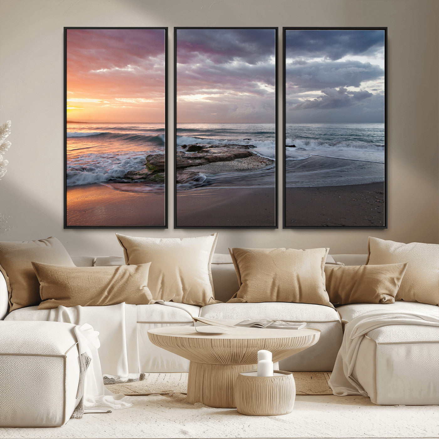 94208089-MGV-CV-36X24-Golden Hour Wall Art Canvas Print, Framed Tranquil Waves Art Picture Print, Beach Horizon Perfect Coastal Serenity Decor Artwork