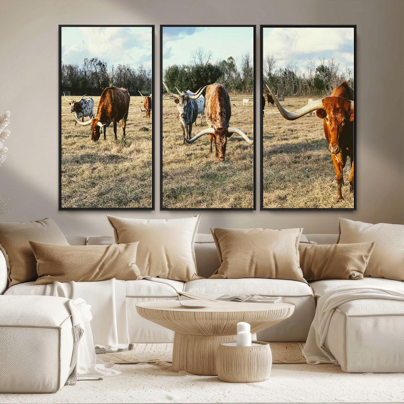 39144651-MGV-CV-36X24-Texas Longhorns Wall Art Canvas Print, Framed Rustic Farm Scene Art Picture Print, Western Cattle Perfect Rustic Farmhouse Decor