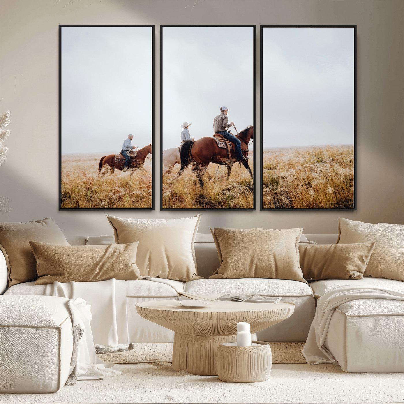 94723307-MGV-CV-36X24-Western Cowboys Wall Art Canvas Print, Framed Rustic Prairie Art Picture Print, Horseback Riding Perfect Rustic Western Decor