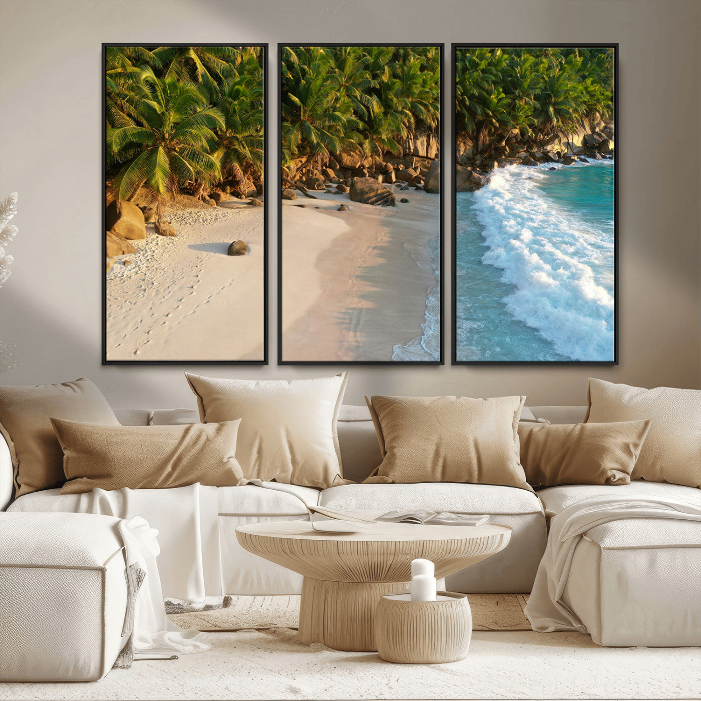 82312665-MGV-CV-36X24-Tropical Beach Wall Art Canvas Print, Framed Ocean Waves Art Picture Print, Palm Trees Perfect Coastal Minimalist Decor Artwork