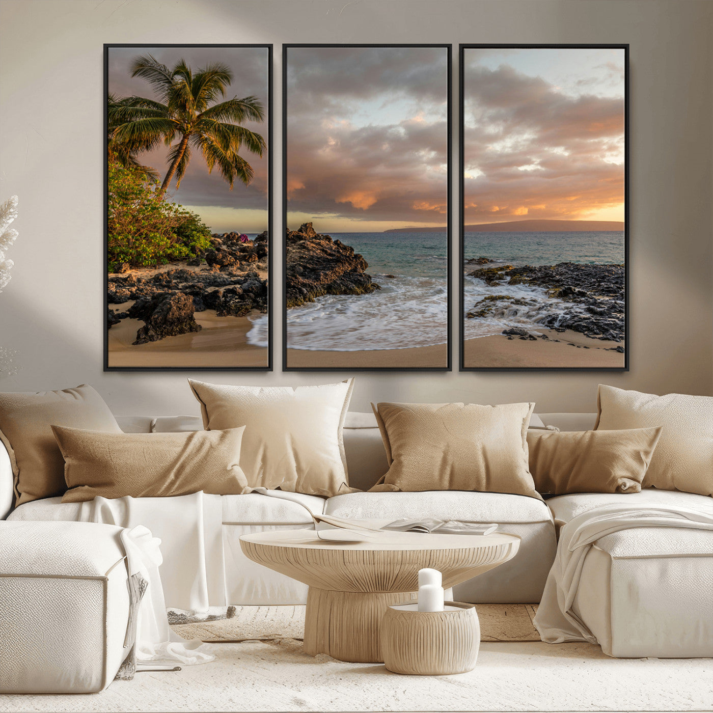 55108220-MGV-FC-48X32-3P_Black-Tropical Beach Wall Art Canvas Print, Framed Hawaiian Sunset Art Picture Print, Ocean Waves Perfect Coastal Tropical Decor Artwork
