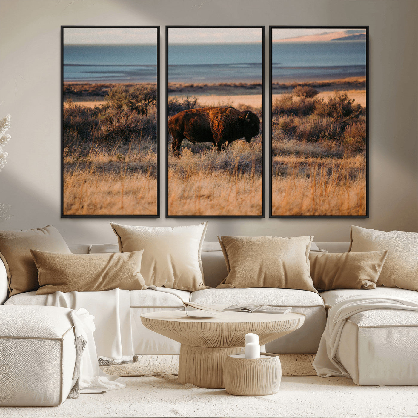 39509187-MGV-CV-36X24-Western Wildlife Wall Art Canvas Print, Framed Bison Art Picture Print, Golden Hour Perfect Western Rustic Decor Artwork