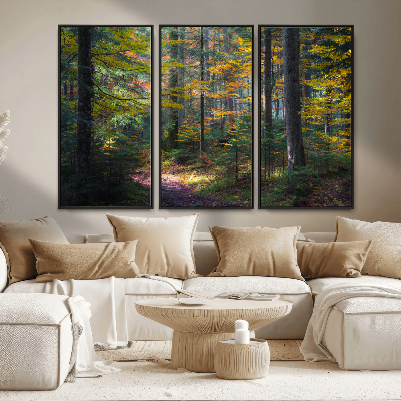 65810864-MGV-CV-36X24-Autumn Forest Wall Art Canvas Print, Framed Fall Woodland Art Picture Print, Golden Leaves Perfect Rustic Farmhouse Decor Artwork