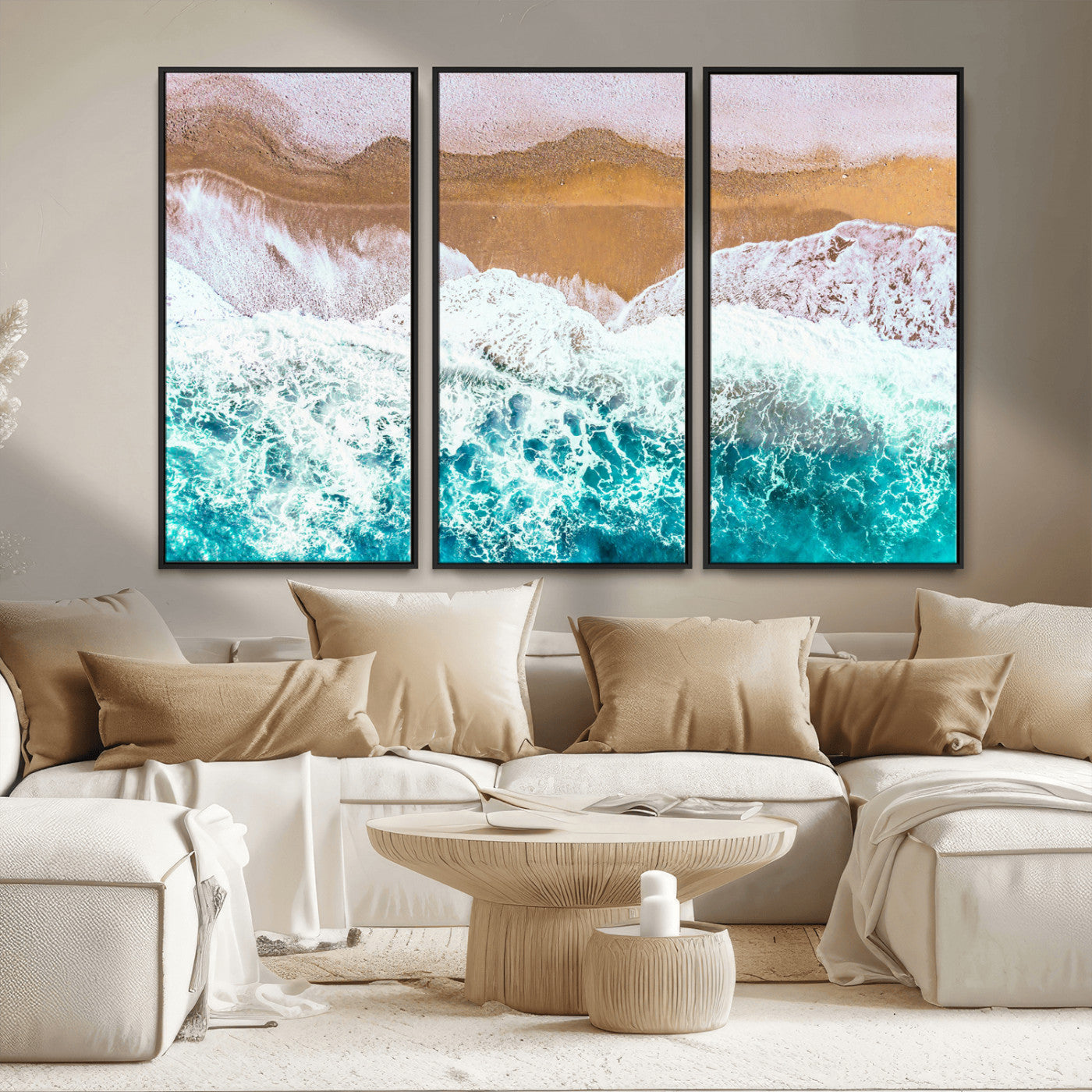 26870666-MGV-CV-36X24-Aerial Beach Wall Art Canvas Print, Framed Ocean Waves Art Picture Print, Coastal Landscape Perfect Coastal Minimalist Decor