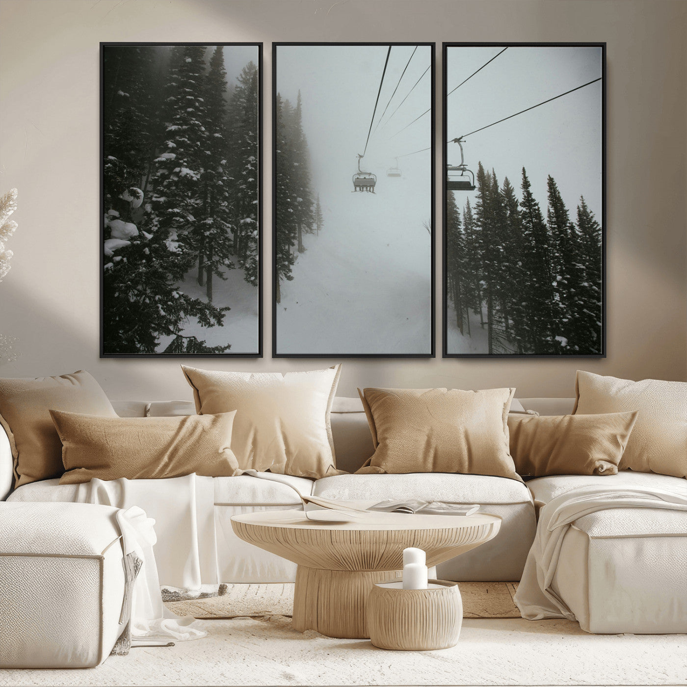 87018452-MGV-FC-48X32-3P_Black-Ski Lift Wall Art Canvas Print, Framed Snowy Pines Art Picture Print, Misty Landscape Perfect Winter Serenity Decor Artwork