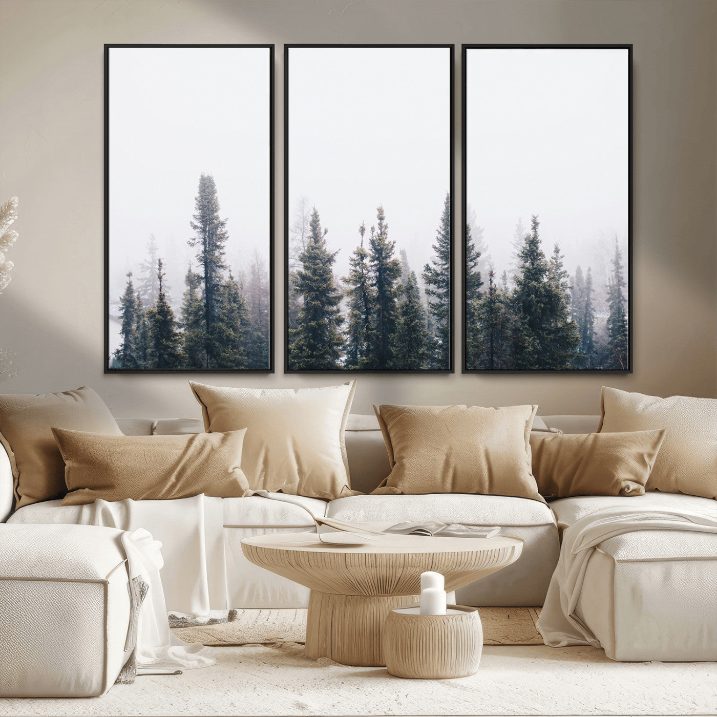 42364796-MGV-CV-36X24-Foggy Forest Wall Art Canvas Print, Framed Misty Pines Art Picture Print, Moody Woodland Perfect Scandinavian Minimalist Decor