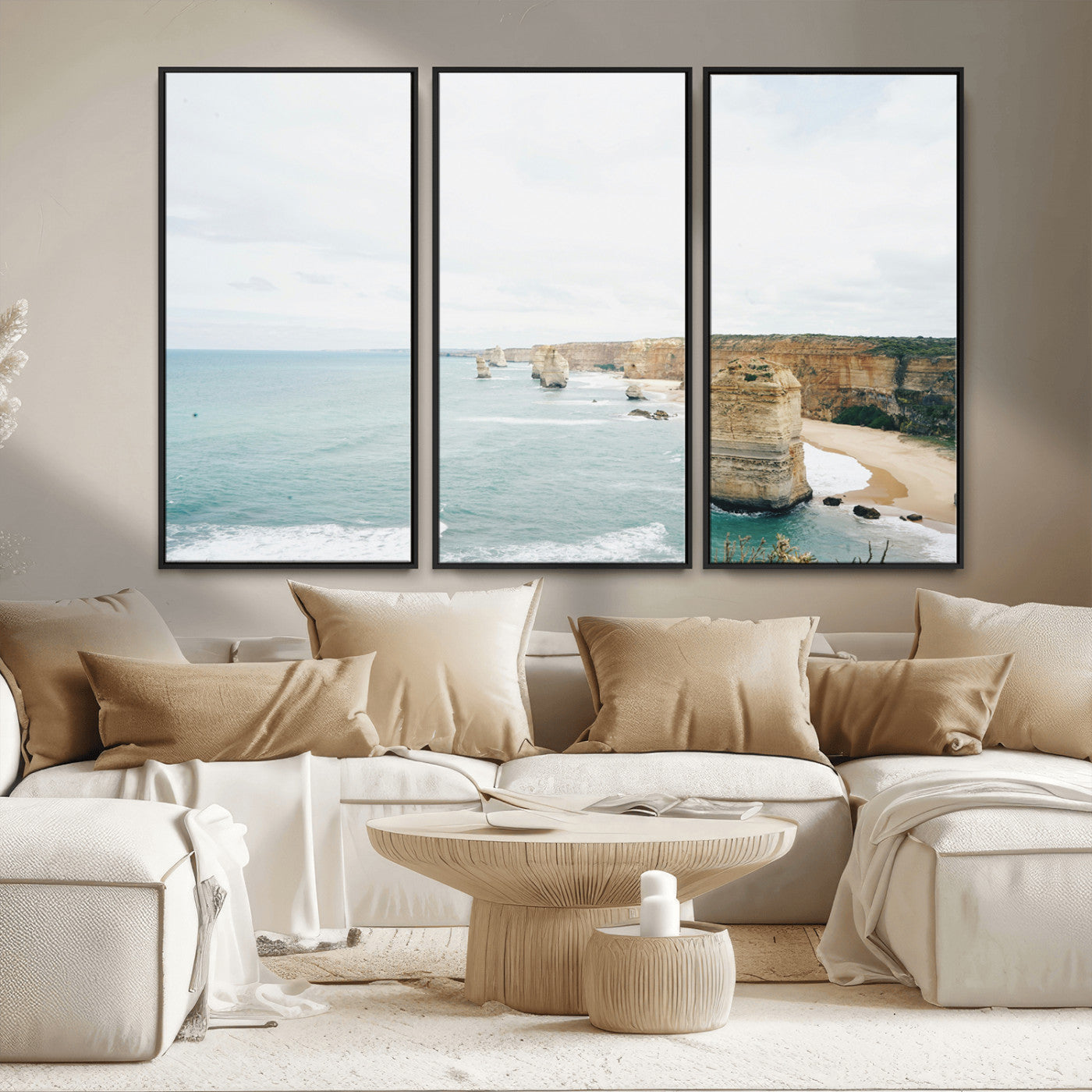 70095633-MGV-FC-48X32-3P_Black-Twelve Apostles Wall Art Canvas Print, Framed Coastal Cliffs Art Picture Print, Rugged Rock Formations Perfect Minimalist Coastal