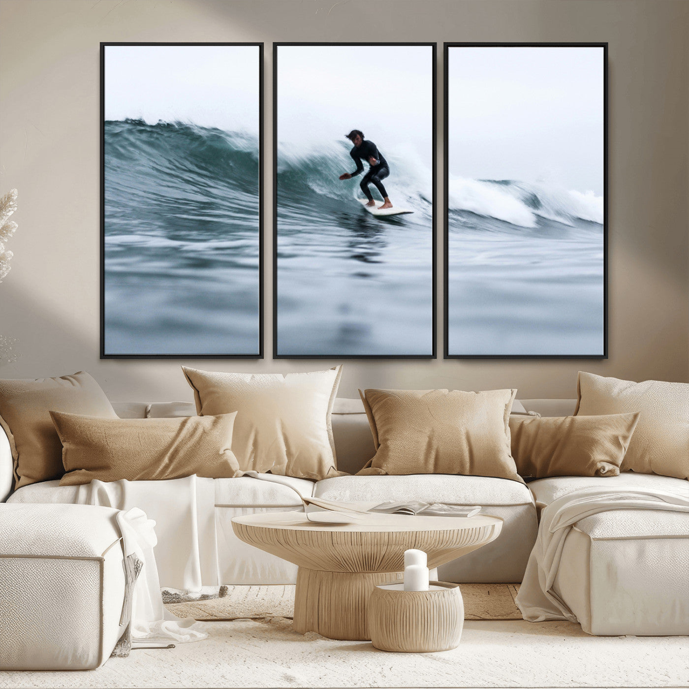 11693607-MGV-CV-36X24-Surfer on Wave Wall Art Canvas Print, Framed Ocean Adventure Art Picture Print, Motion Blur Water Perfect Coastal Adventure Decor