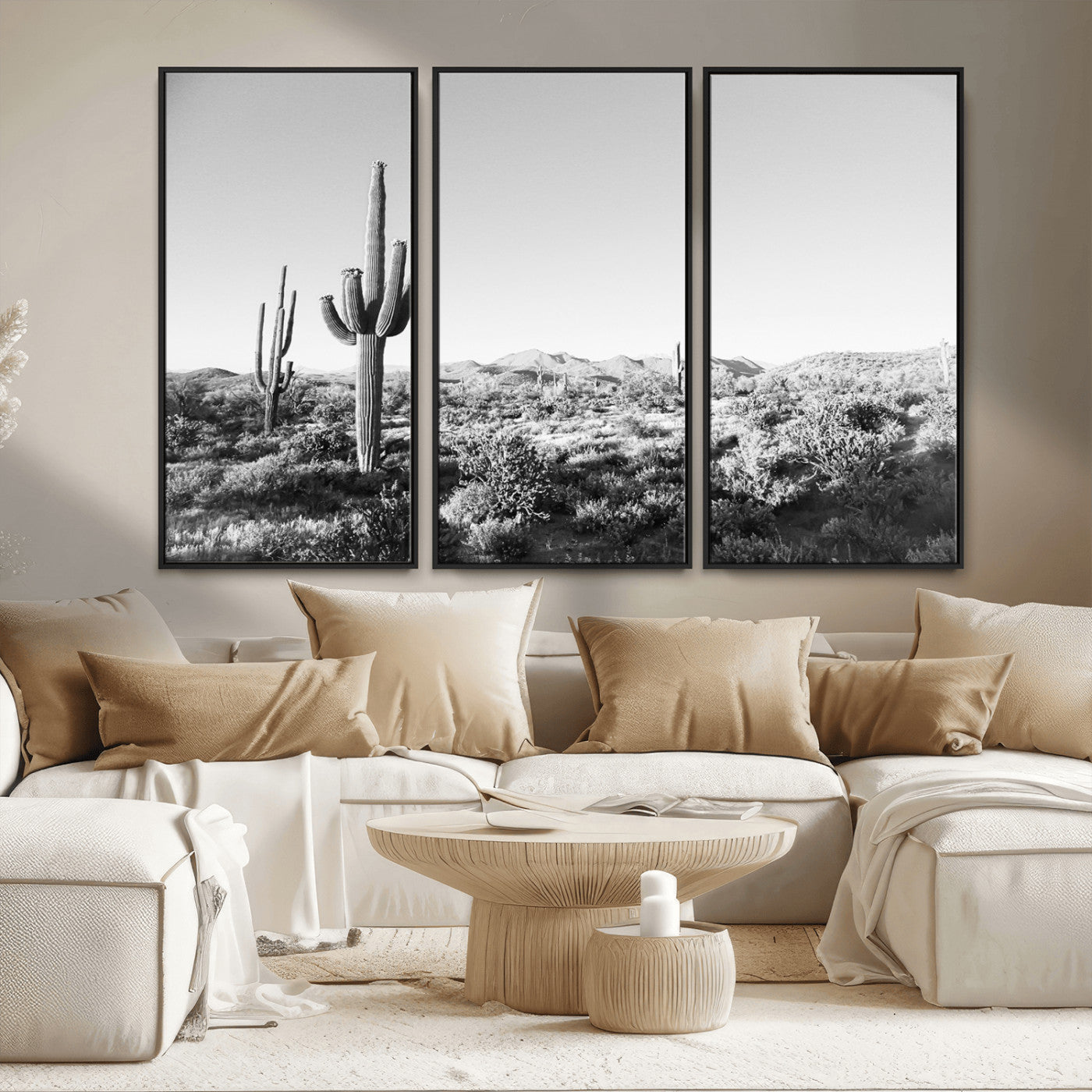 85205054-MGV-CV-36X24-Saguaro Cactus Wall Art Canvas Print, Framed Monochrome Landscape Art Picture Print, Scenic Arizona View Perfect Minimalist