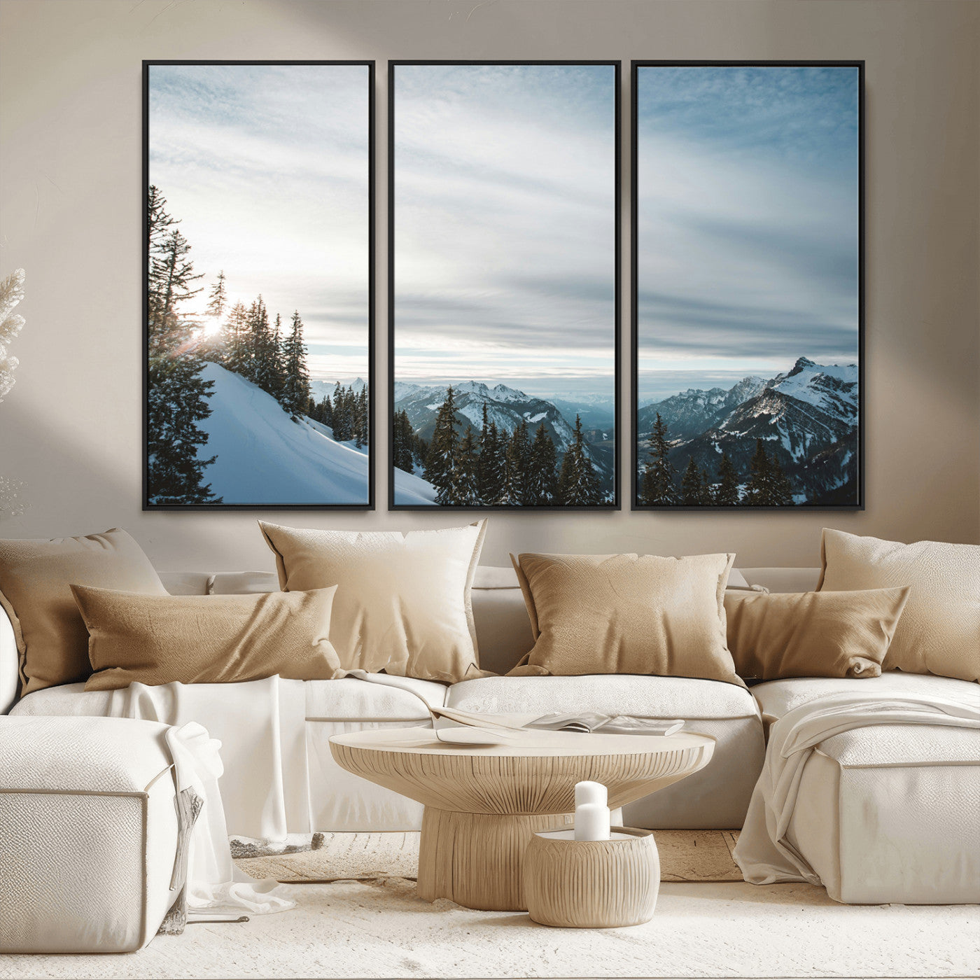 55564749-MGV-CV-36X24-Snowy Mountains Wall Art Canvas Print, Framed Alpine Landscape Art Picture Print, Frosty Peaks Perfect Nordic Minimalist Decor