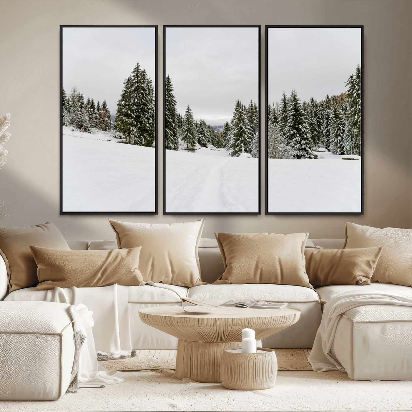 24581417-MGV-CV-36X24-Frosty Pines Wall Art Canvas Print, Framed Silent Snowfall Art Picture Print, Cozy Cabin Vibes Perfect Nordic Minimalist Decor