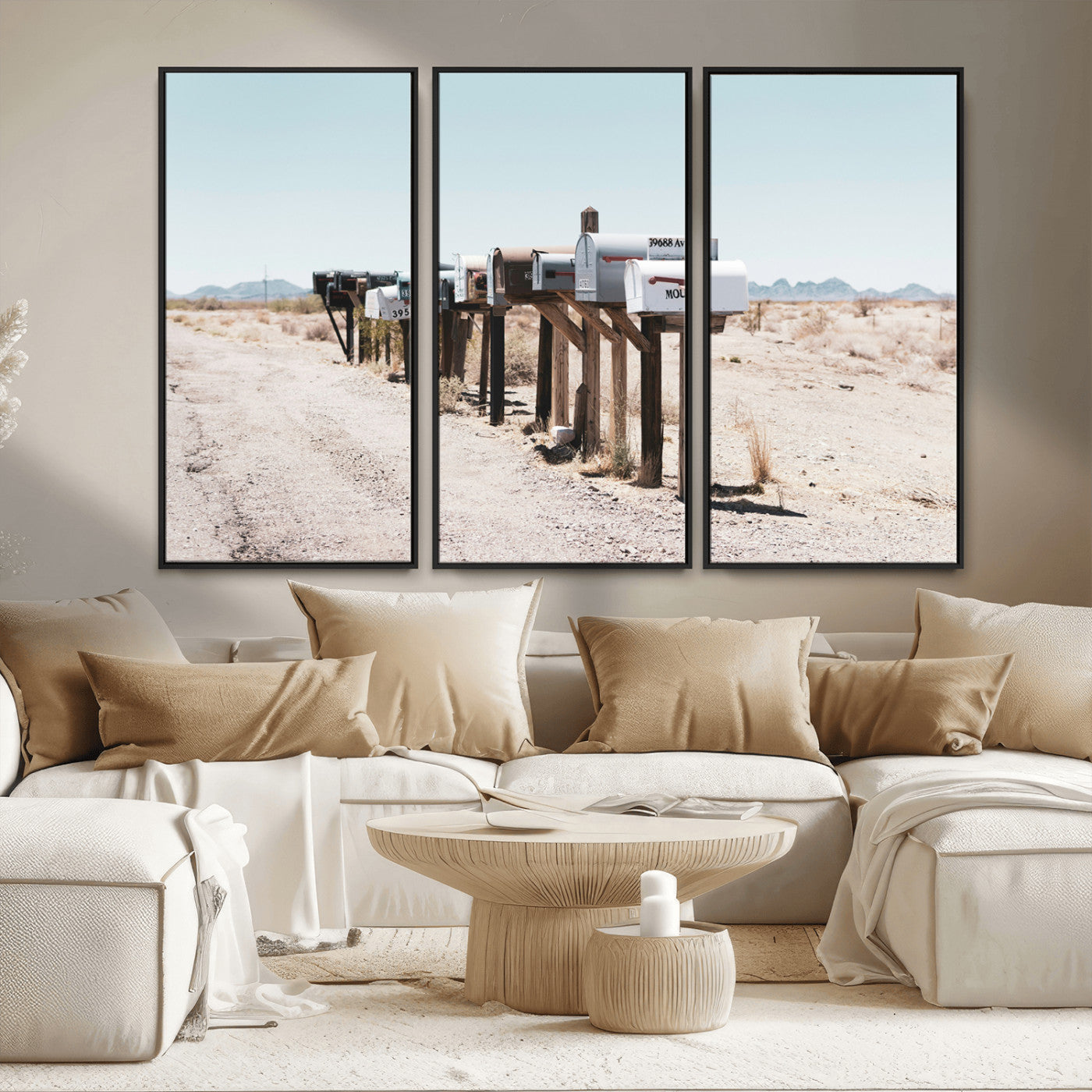 54616109-MGV-FC-48X32-3P_Black-Desert Mailboxes Wall Art – Rustic Rural Roadside Photography Canvas Print, American Southwest Landscape Home Decor for Living