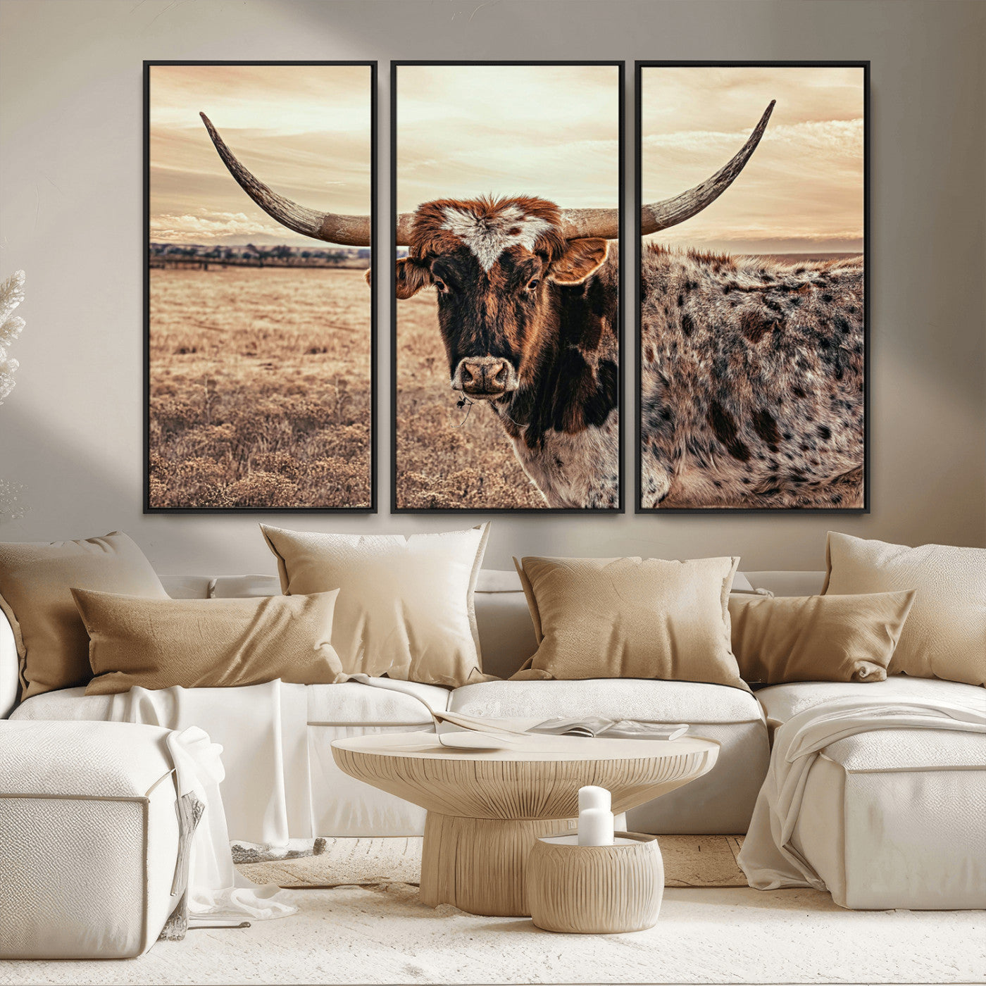 95745718-MGV-FC-48X32-3P_Black-Texas Longhorn Wall Art – Western Cattle Photography Canvas Print, Rustic Ranch Animal Artwork Country Farmhouse Decor for Living