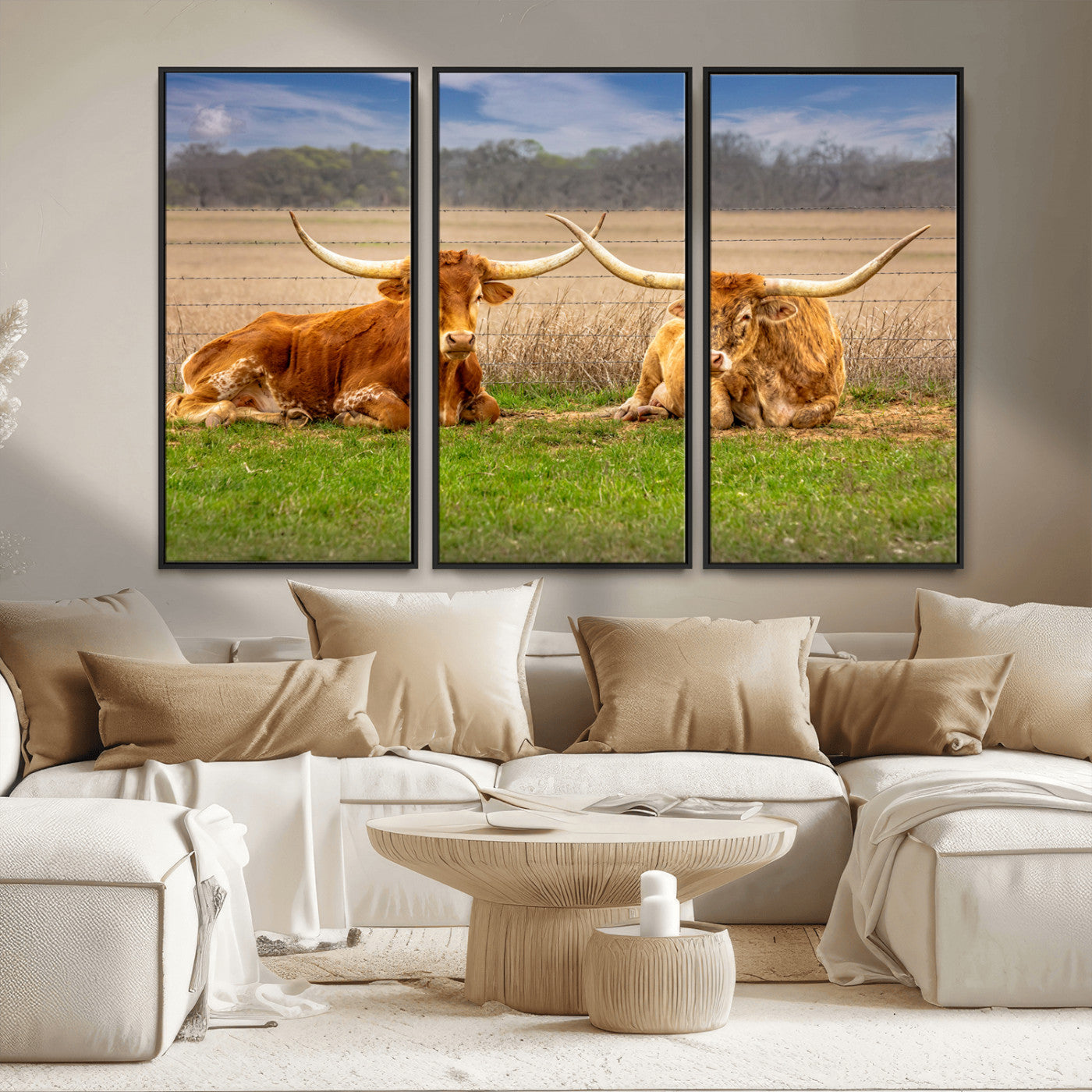 54598515-MGV-FC-48X32-3P_Black-Texas Longhorns Wall Art – Rustic Cattle Ranch Canvas Print, Western Farmhouse Animal Photography Decor for Living Room, Office,