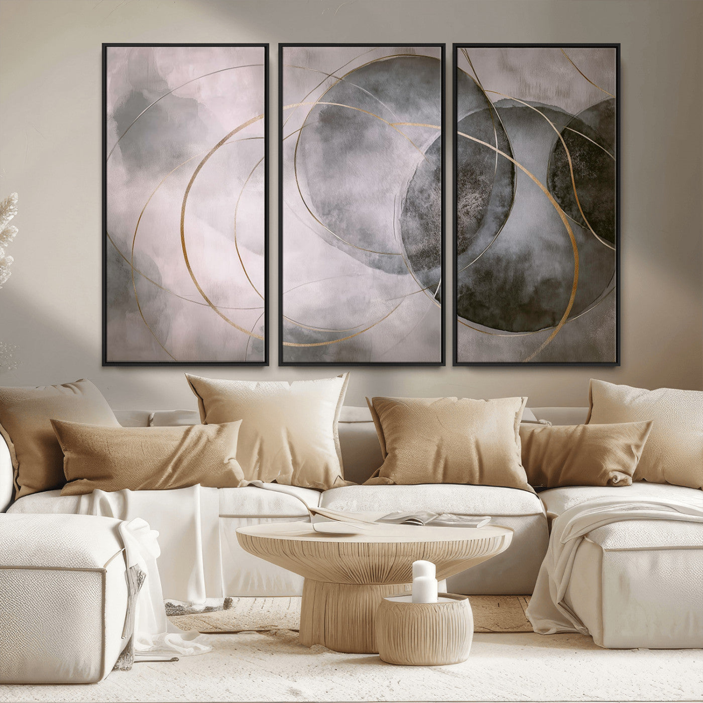 20066876-MGV-FC-48X32-3P_Black-Neutral Abstract Circle Wall Art – Modern Gray Beige Gold Canvas Print, Minimalist Geometric Painting for Bedroom, Living Room,