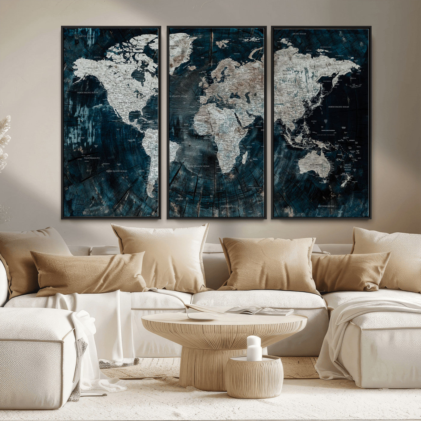 34425609-MGV-CV-36X24-World Map Wall Art – Rustic Navy and Grey Atlas Canvas Print, Distressed Explorer Map Artwork, Industrial Style Decor for Office,