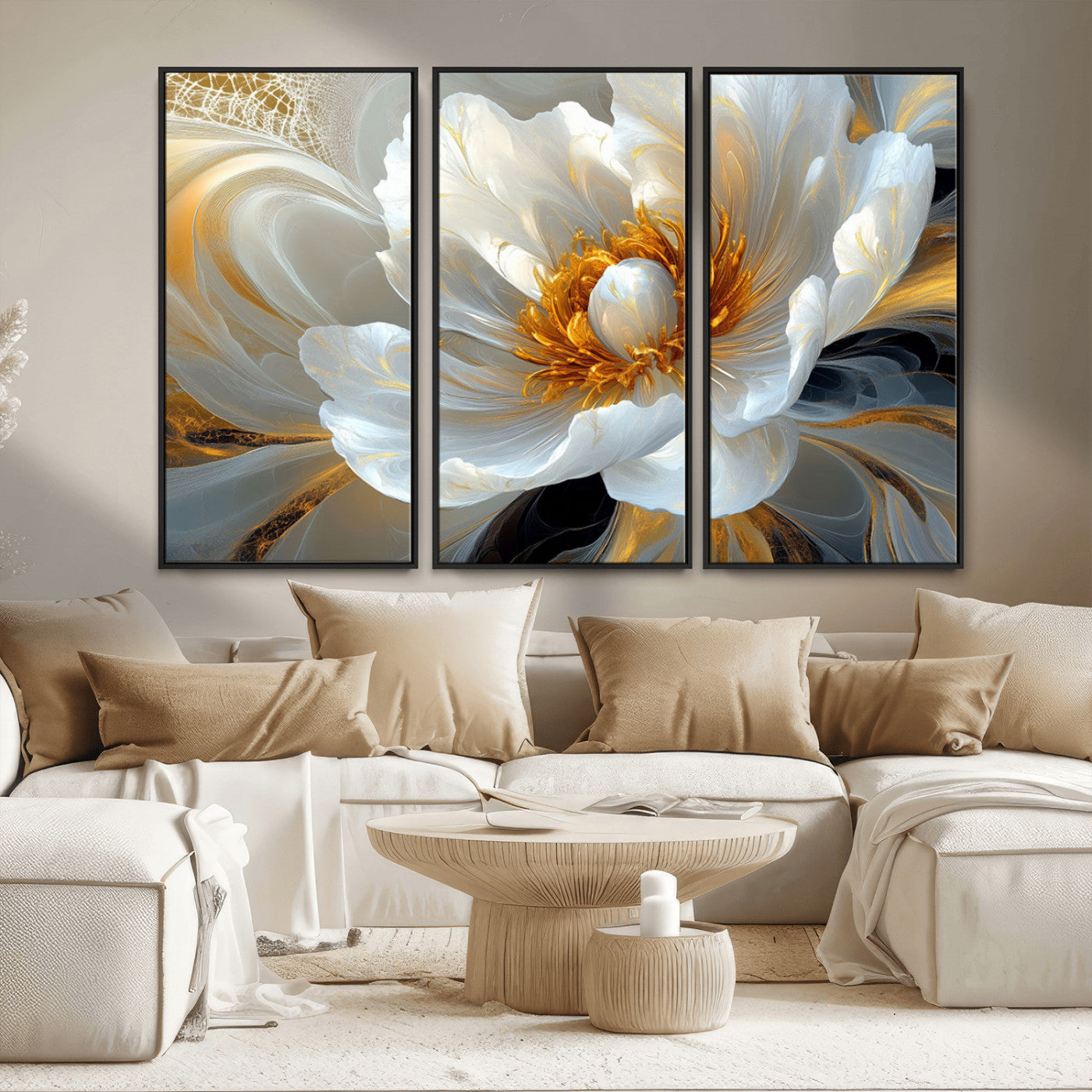 39604126-MGV-CV-36X24-Abstract Flower Wall Art – Elegant White and Gold Bloom Canvas Print, Modern Floral Artwork for Bedroom, Living Room, or Office