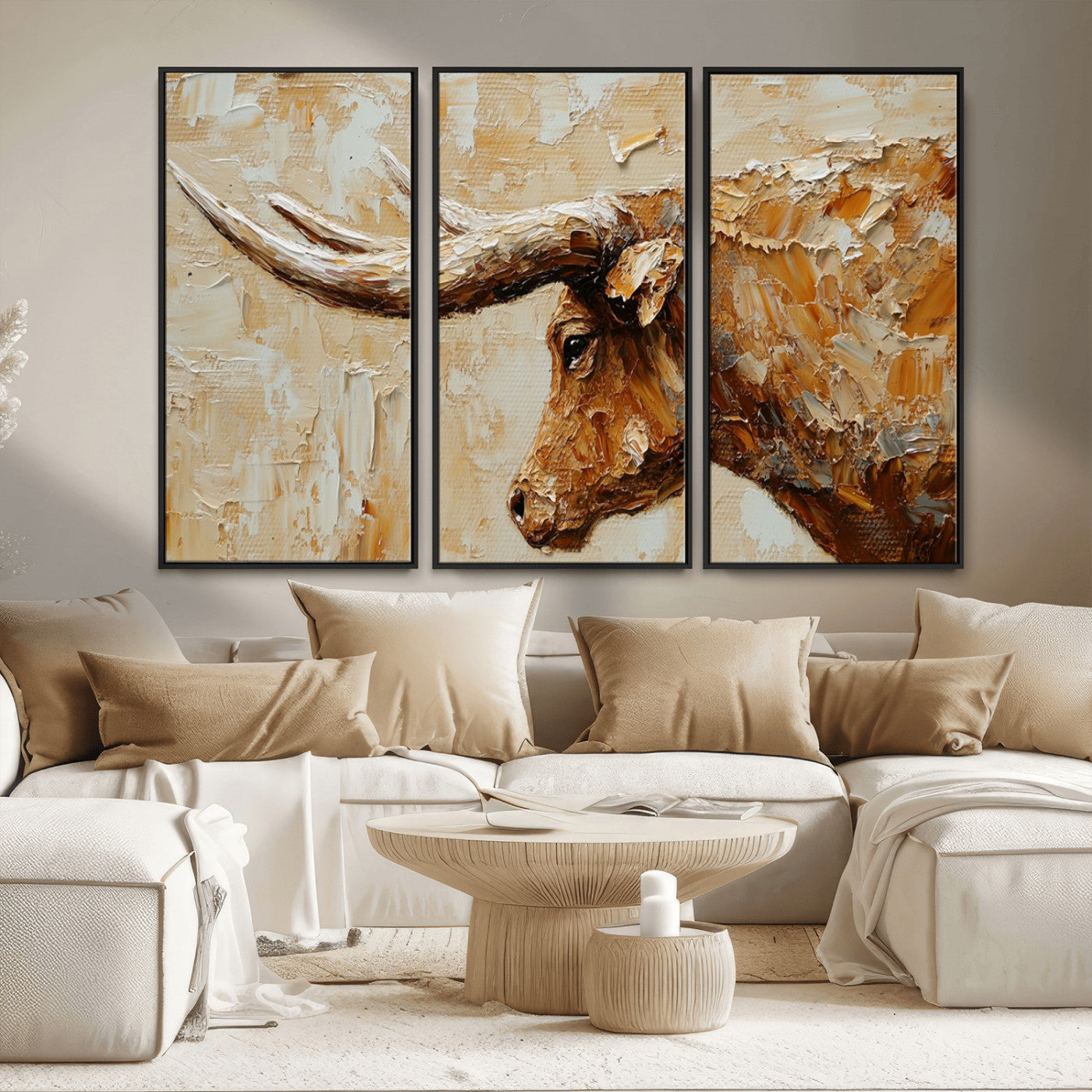 69611428-MGV-FC-48X32-3P_Black-Longhorn Bull Wall Art – Rustic Western Canvas Print, Textured Farmhouse Cattle Painting for Living Room, Office, or Ranch House