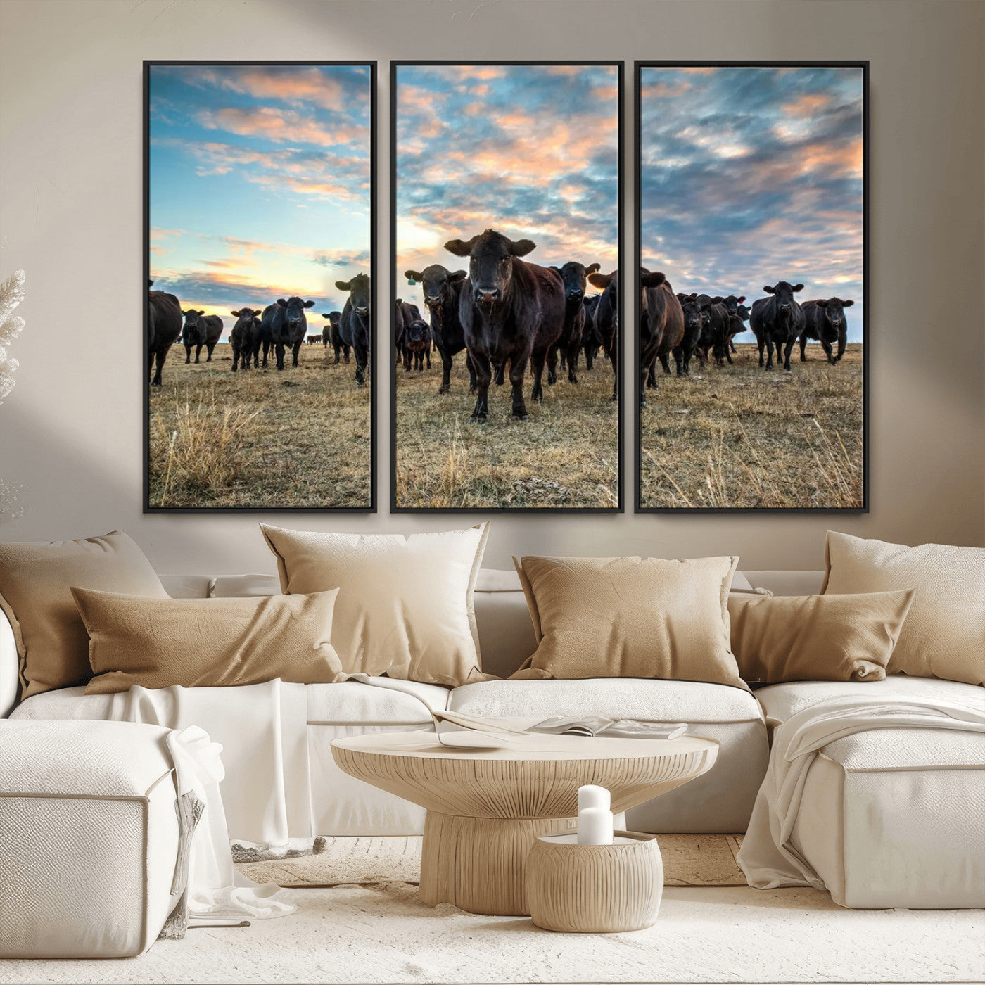 13867292-MGV-CV-36X24-Black Cattle Wall Art – Rustic Ranch Herd Canvas Print, Western Farmhouse Country Landscape Decor for Living Room, Office, or