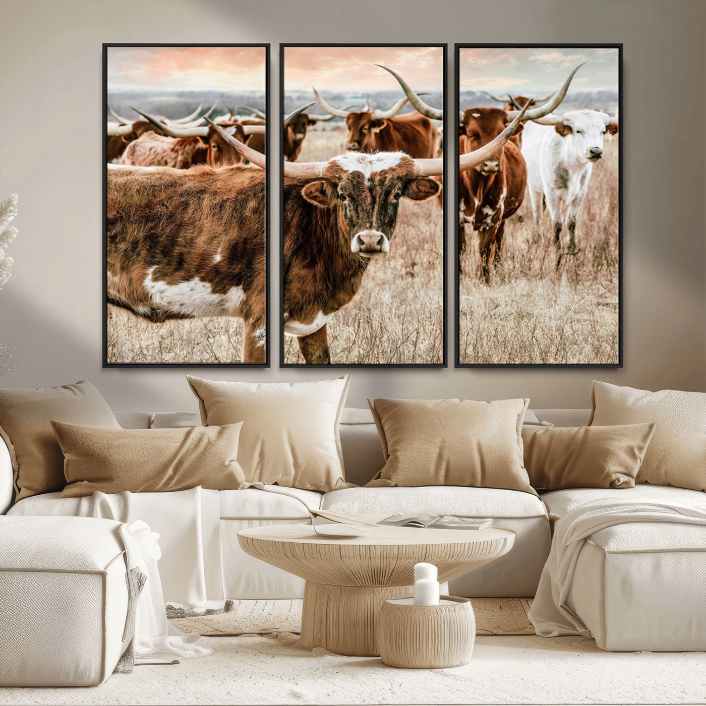 47758300-MGV-FC-48X32-3P_Black-Texas Longhorn Cattle Wall Art – Rustic Western Herd Canvas Print, Cowboy Ranch Farmhouse Decor for Living Room, Office, or