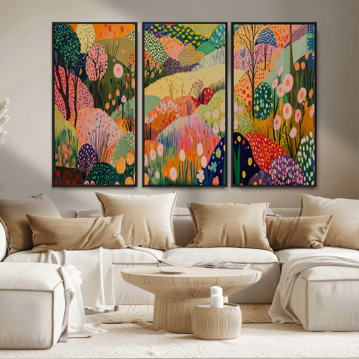 79636380-MGV-CV-36X24-Colorful Abstract Landscape Wall Art – Vibrant Hills and Flowers Canvas Print, Modern Whimsical Artwork for Living Room, Bedroom,