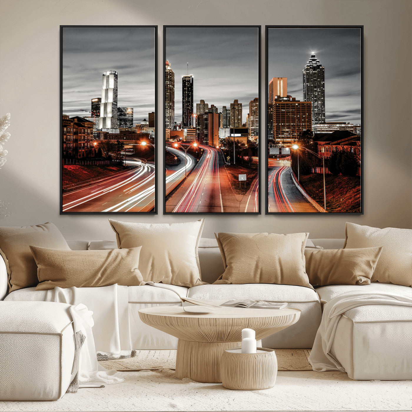59097239-MGV-FC-48X32-3P_Black-City Skyline Wall Art – Modern Black and White Night Canvas Print with Red Light Trails, Urban Landscape Decor for Living Room or