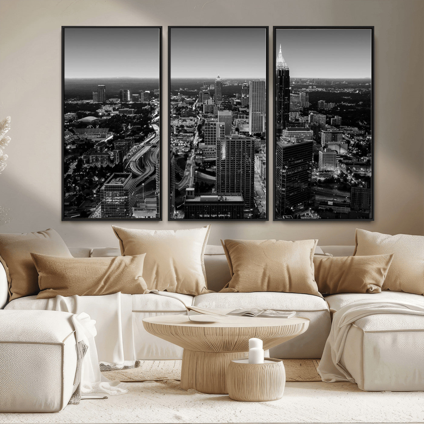 46578567-MGV-CV-36X24-Atlanta Skyline Wall Art – Black and White Cityscape Canvas Print, Modern Urban Night Decor for Office, Living Room, or Apartment