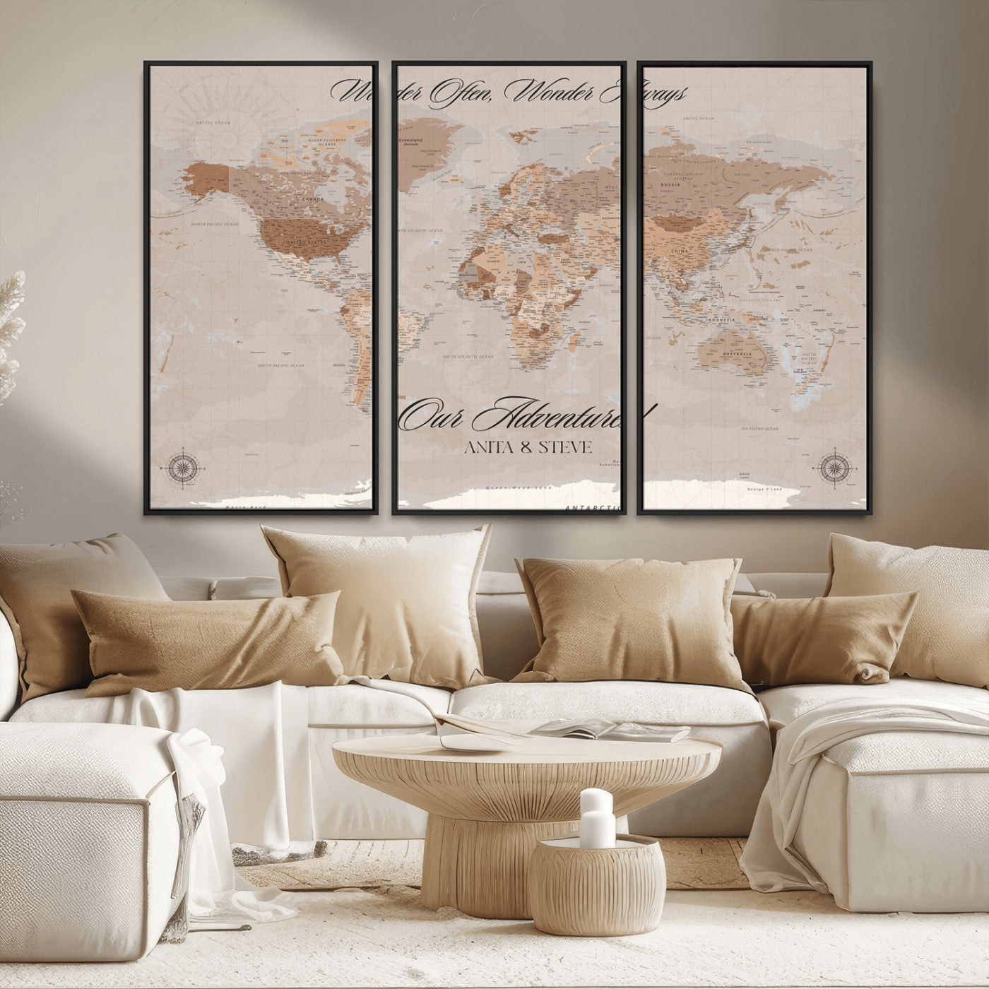 95243244-MGV-FC-48X32-3P_Black-Wander Often Wonder Always World Map Wall Art – Neutral Beige Adventure Canvas Print, Rustic Boho Travel Decor for Bedroom, Living