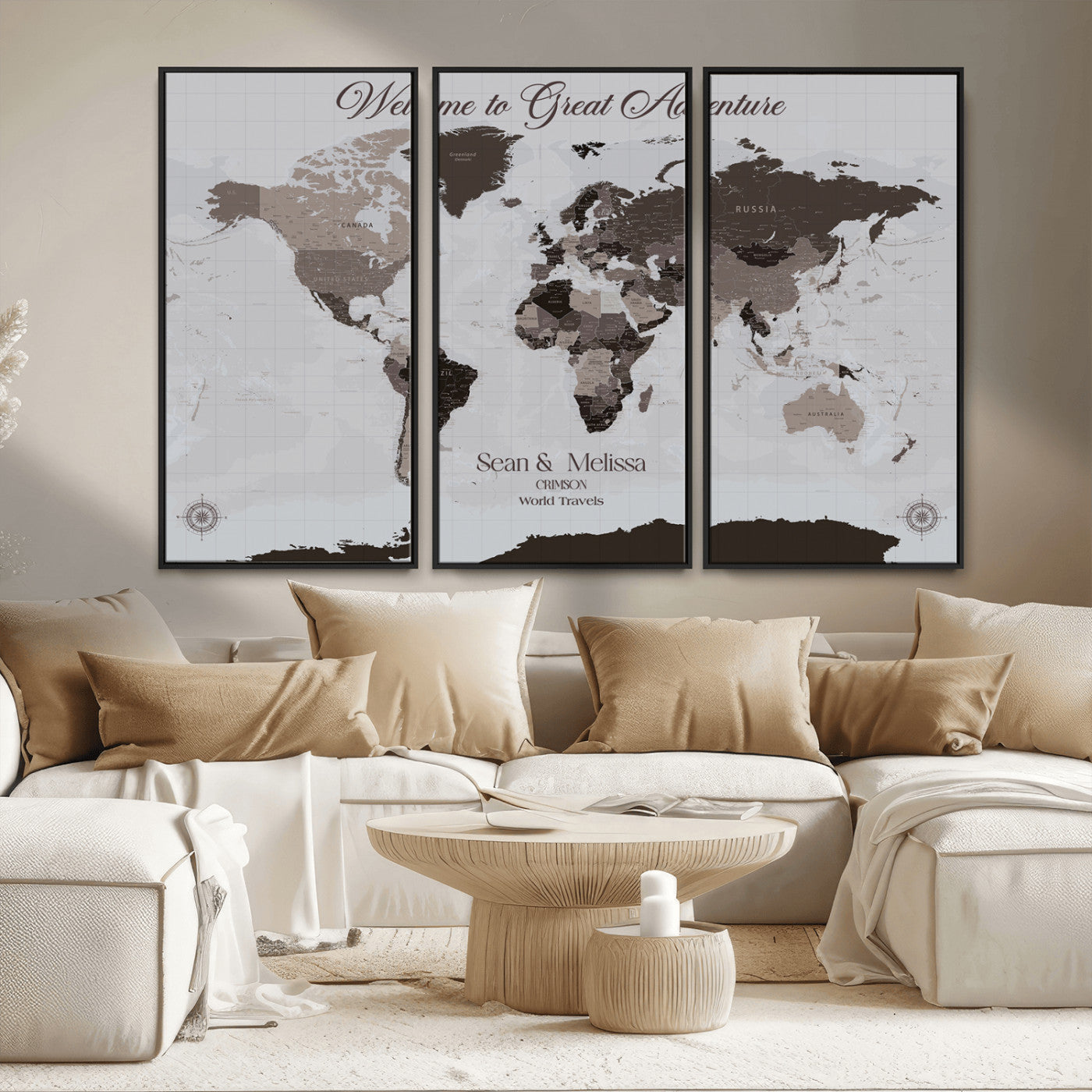 43749658-MGV-FC-48X32-3P_Black-Welcome to Great Adventure World Map Wall Art – Charcoal Gray Canvas Print, Rustic Travel Decor for Living Room, Study, Office or