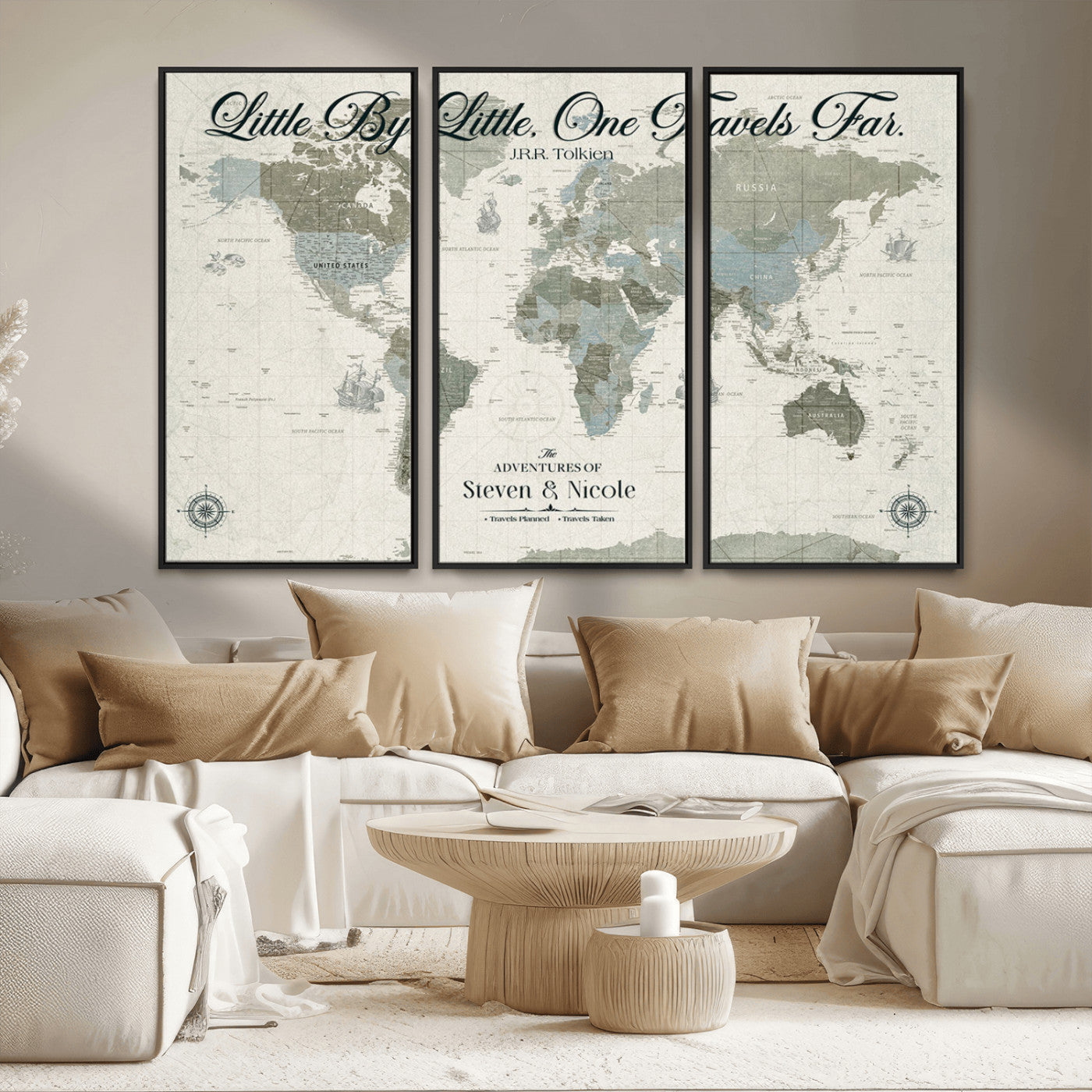 10693204-MGV-CV-36X24-Little By Little One Travels Far Tolkien Quote Blue Green World Map Adventure Wall Art Canvas Print Rustic Wanderlust Travel Decor