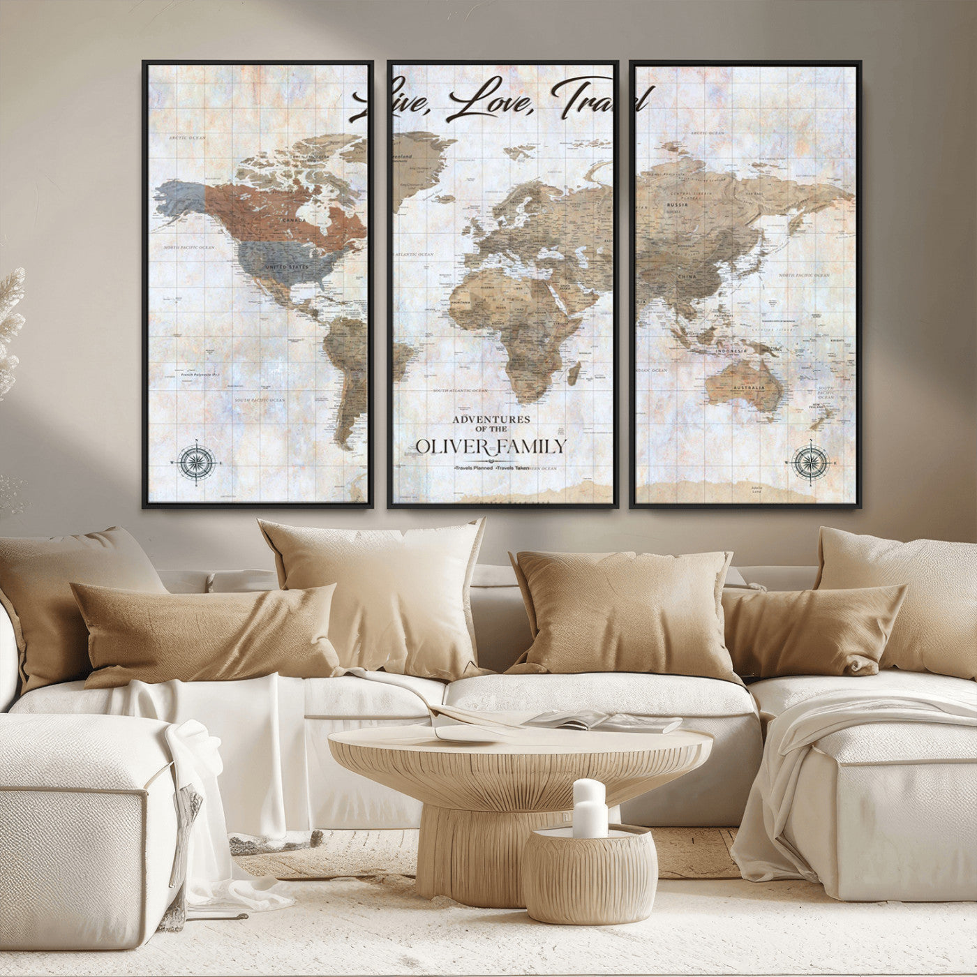 43924907-MGV-FC-48X32-3P_Black-Live Love Travel Wall Art – Neutral World Map Canvas Print, Rustic Adventure Decor for Home, Office or Living Room, Unique Gift