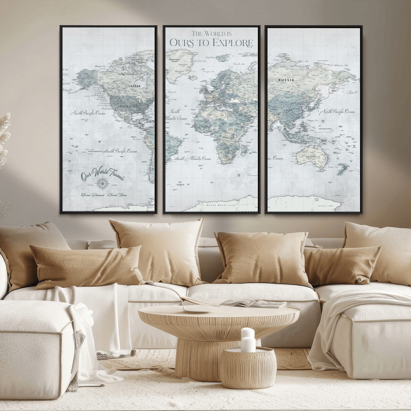 94249974-MGV-CV-36X24-Ours Explore World Map Wall Art – Modern Travel Canvas Print, Neutral Adventure Decor for Living Room, Office, Study, Bedroom,