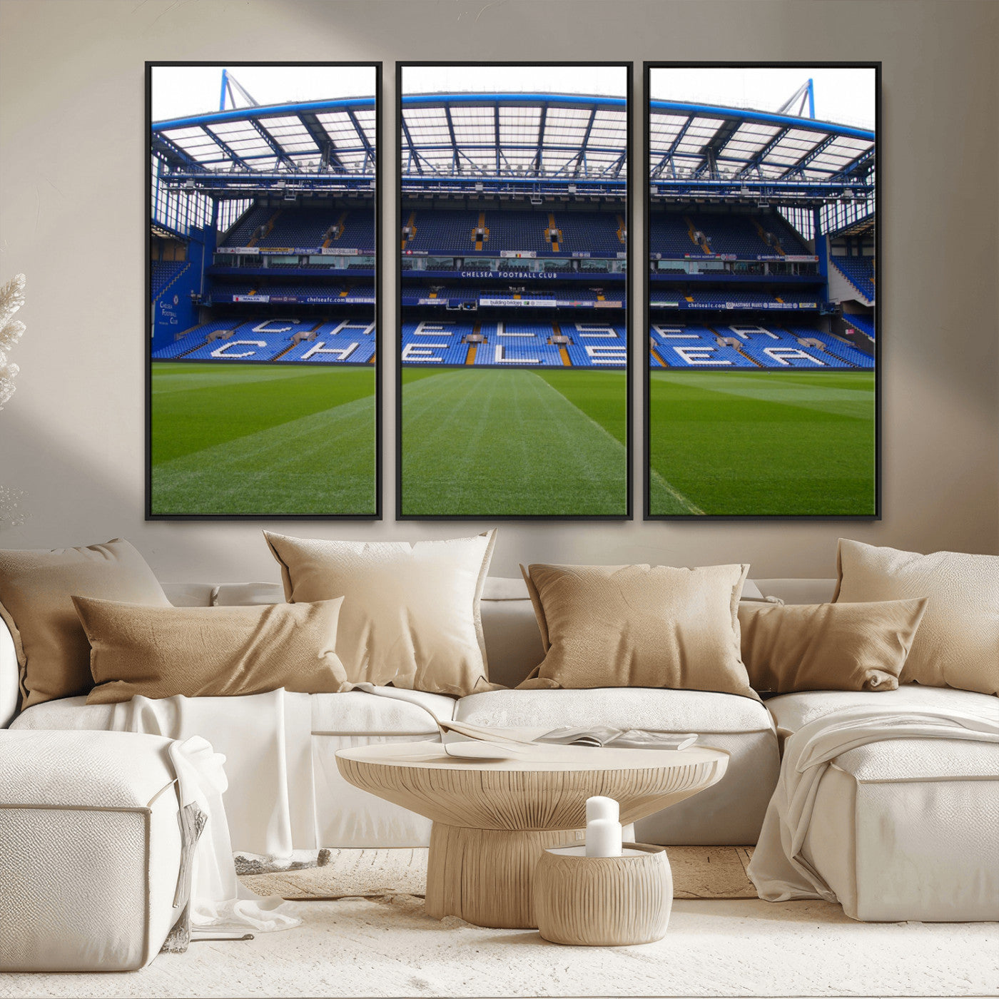 38616413CHELSA-MGV-FC-48X32-3P_Black-Chelsea Stadium Wall Art – Panoramic Football Field Canvas Print, Game Day Sports Decor for Living Room, Office, or Man Cave