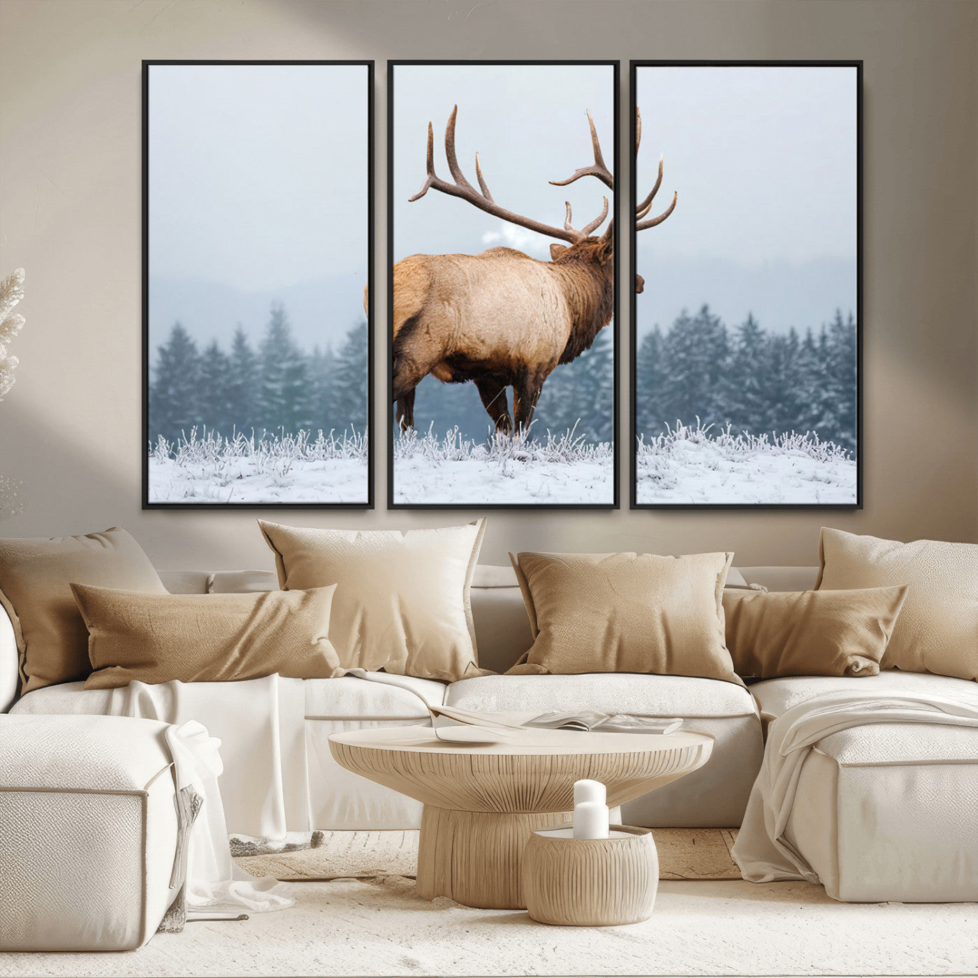 85177251-MGV-FC-48X32-3P_Black-Elk Wall Art – Majestic Wildlife Canvas Print of Bull Elk Snowy Forest, Rustic Nature Decor for Living Room, Cabin, or Office