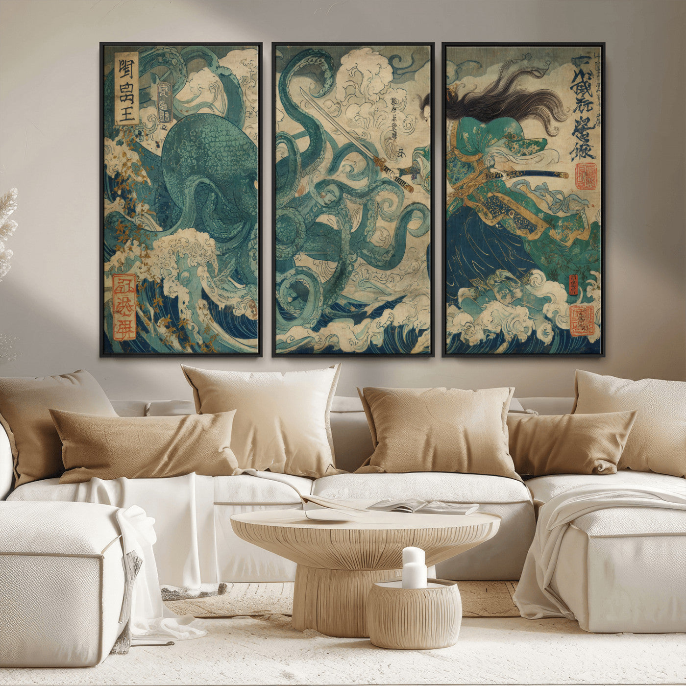 60346622-MGV-CV-36X24-Samurai Warrior vs Octopus Wall Art – Japanese Ukiyo-e Style Ocean Battle Canvas Print, Traditional Samurai Artwork for Living