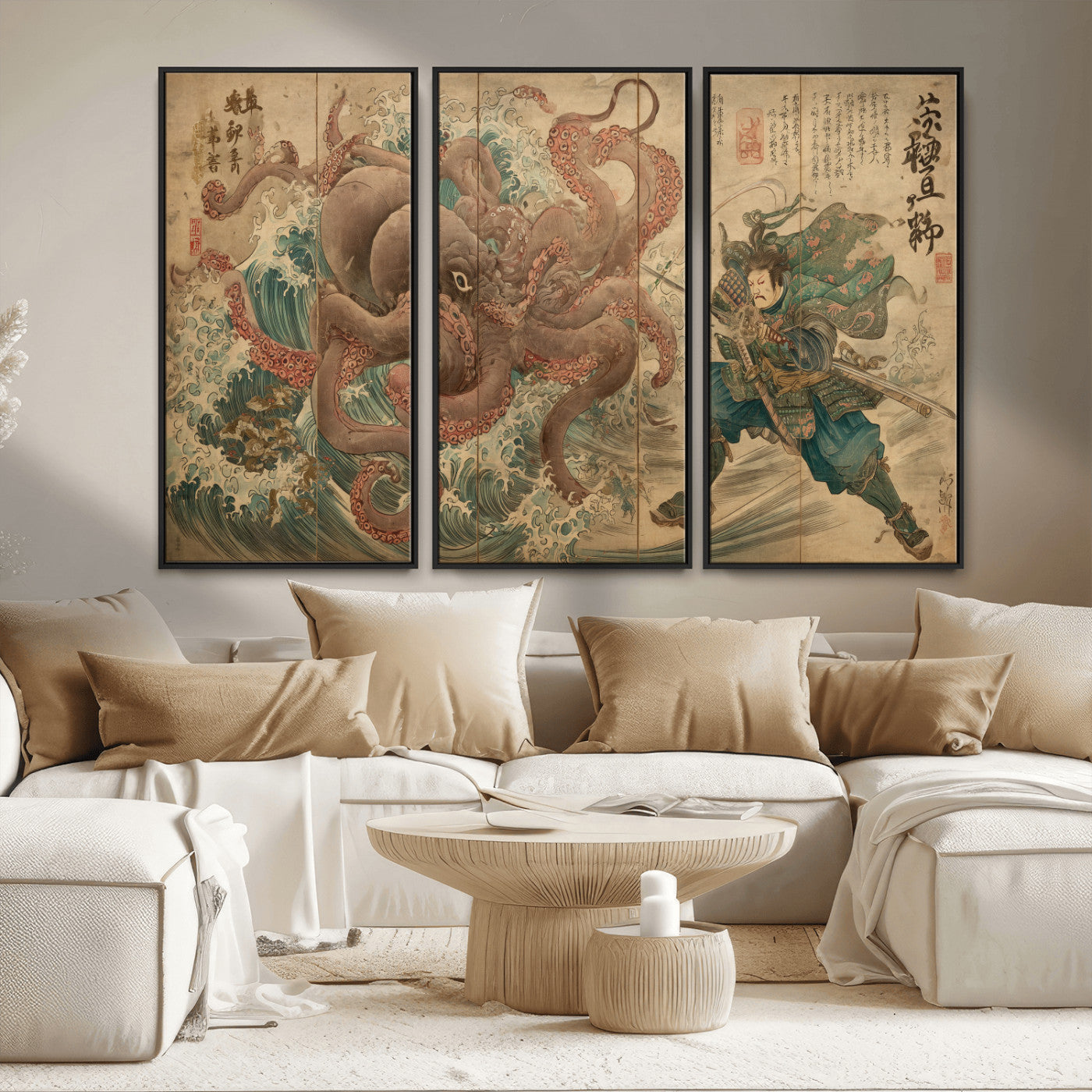 63782167-MGV-CV-36X24-Tsukioka Yoshitoshi Samurai Wall Art Print, Japanese Katana Warrior Canvas Wall Art, Octopus Sea Monster Canvas Print,