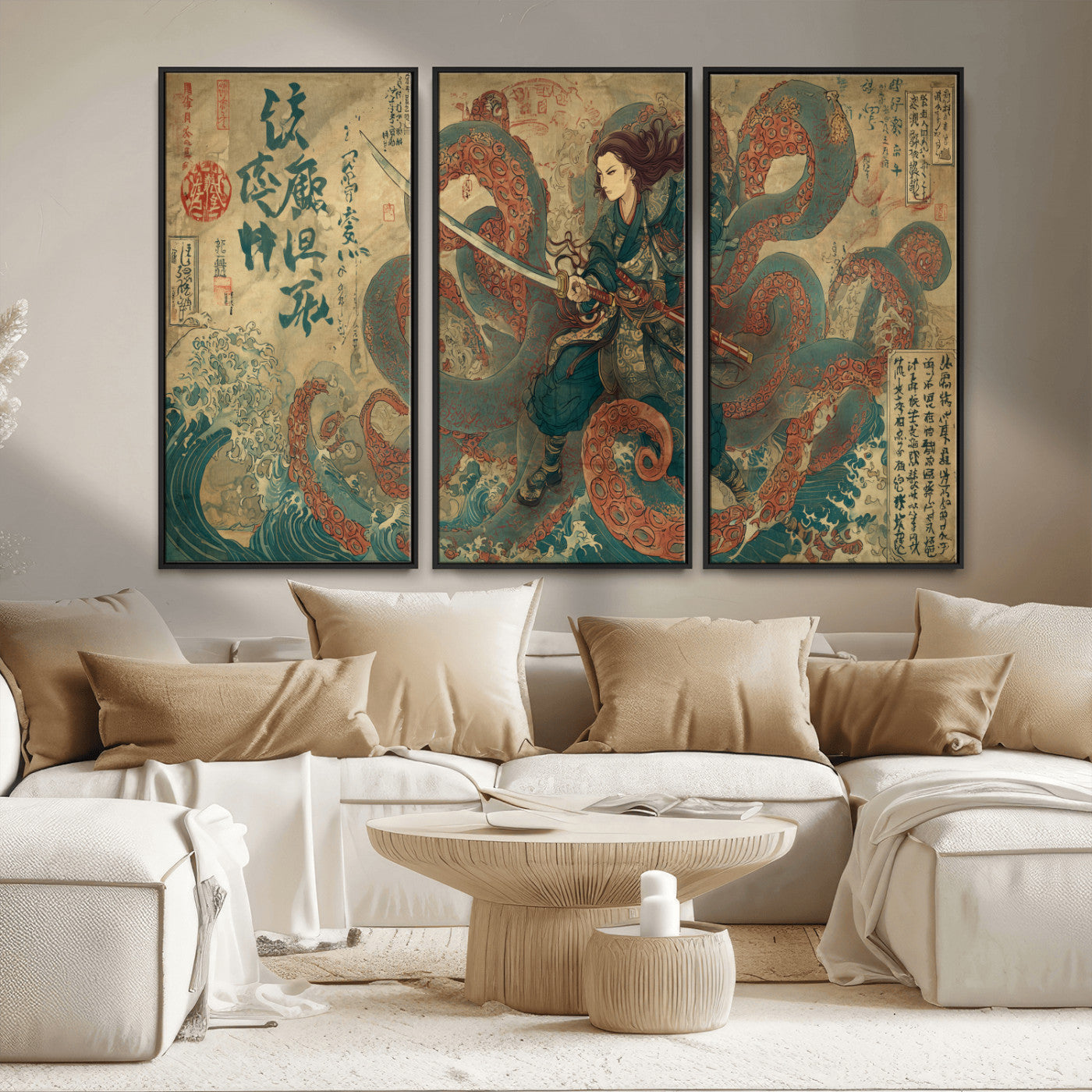 98593115-MGV-FC-48X32-3P_Black-Samurai Warrior vs Octopus Wall Art – Japanese Ukiyo-e Calligraphy Canvas Print, Ocean Battle Scene Artwork for Living Room,