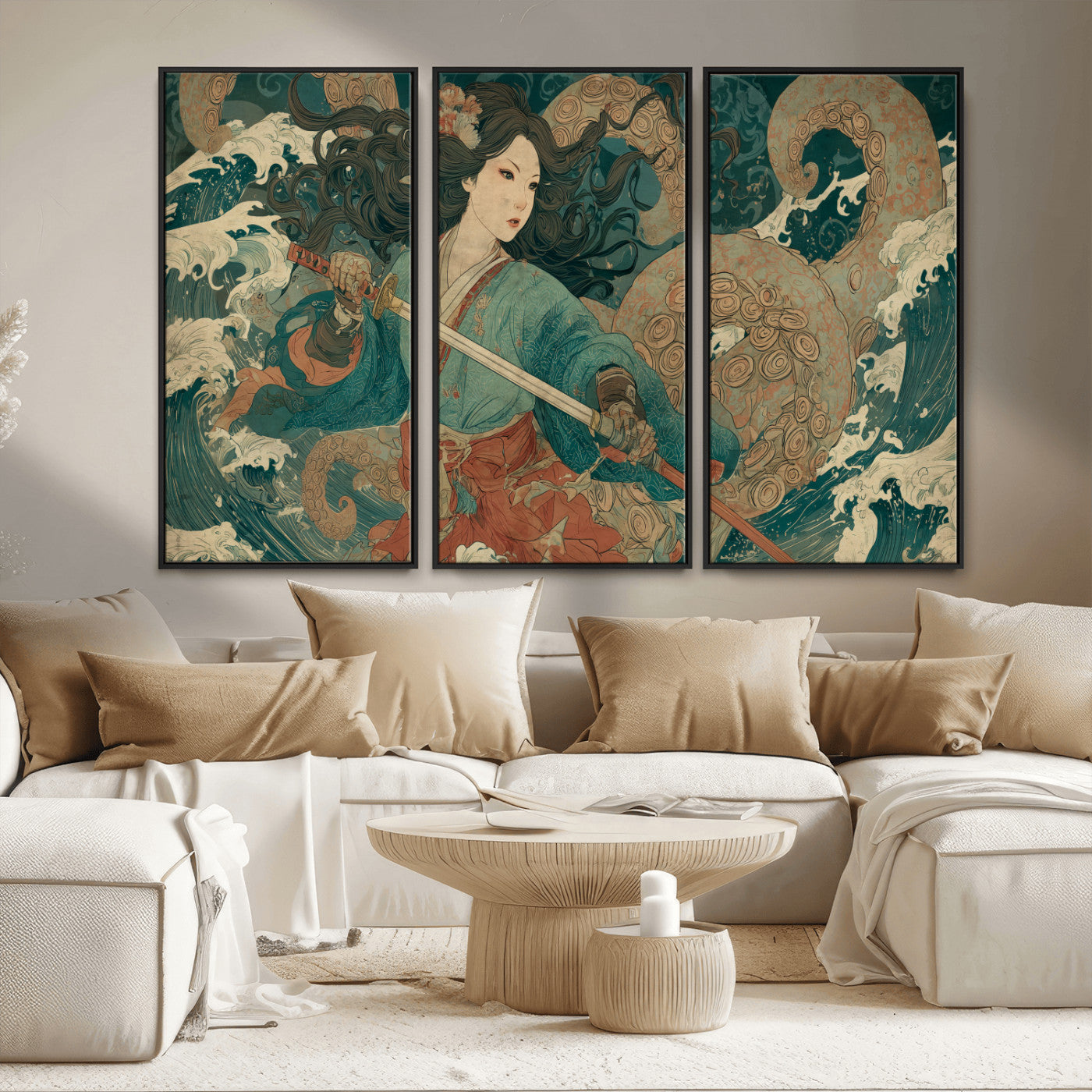 79740258-MGV-CV-36X24-Samurai Woman vs Octopus Wall Art – Japanese Ukiyo-e Blue Kimono Canvas Print, Ocean Battle Artwork for Living Room, Office, Man
