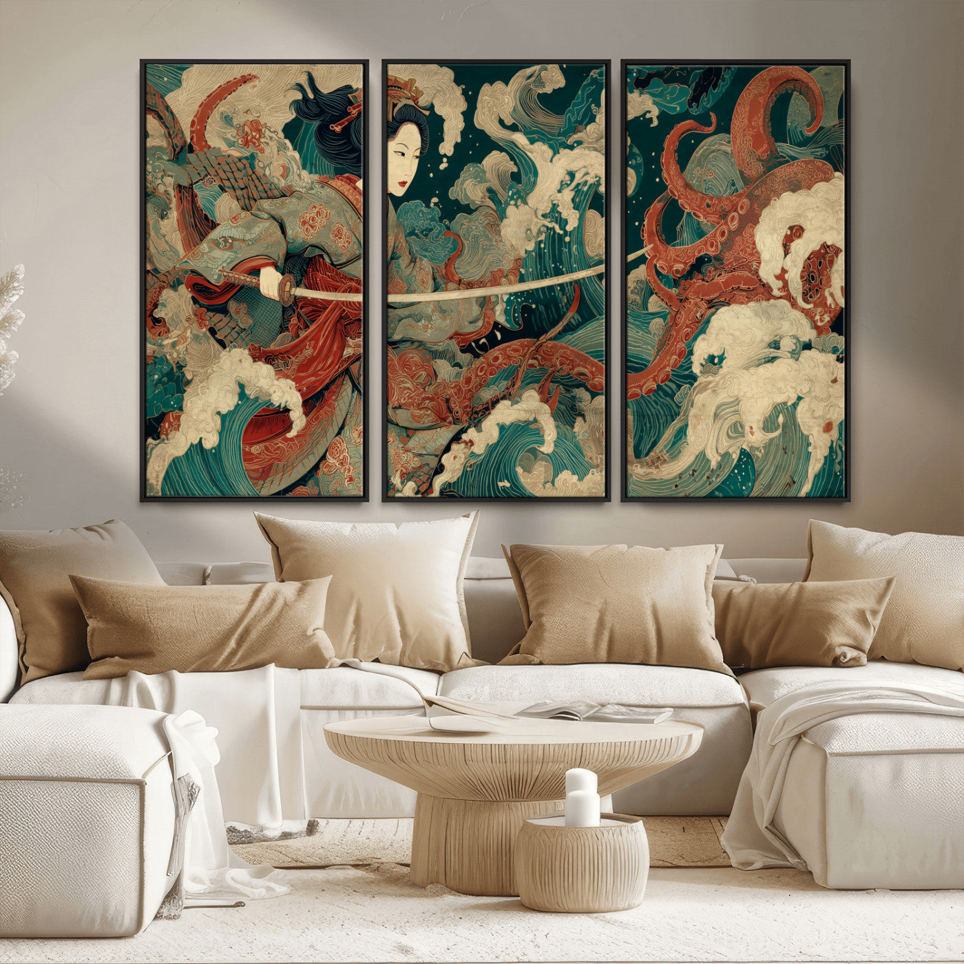 30212982-MGV-FC-48X32-3P_Black-Samurai Woman vs Octopus Wall Art – Japanese Ukiyo-e Style Warrior and Sea Monster Canvas Print, Mythology Inspired Artwork for