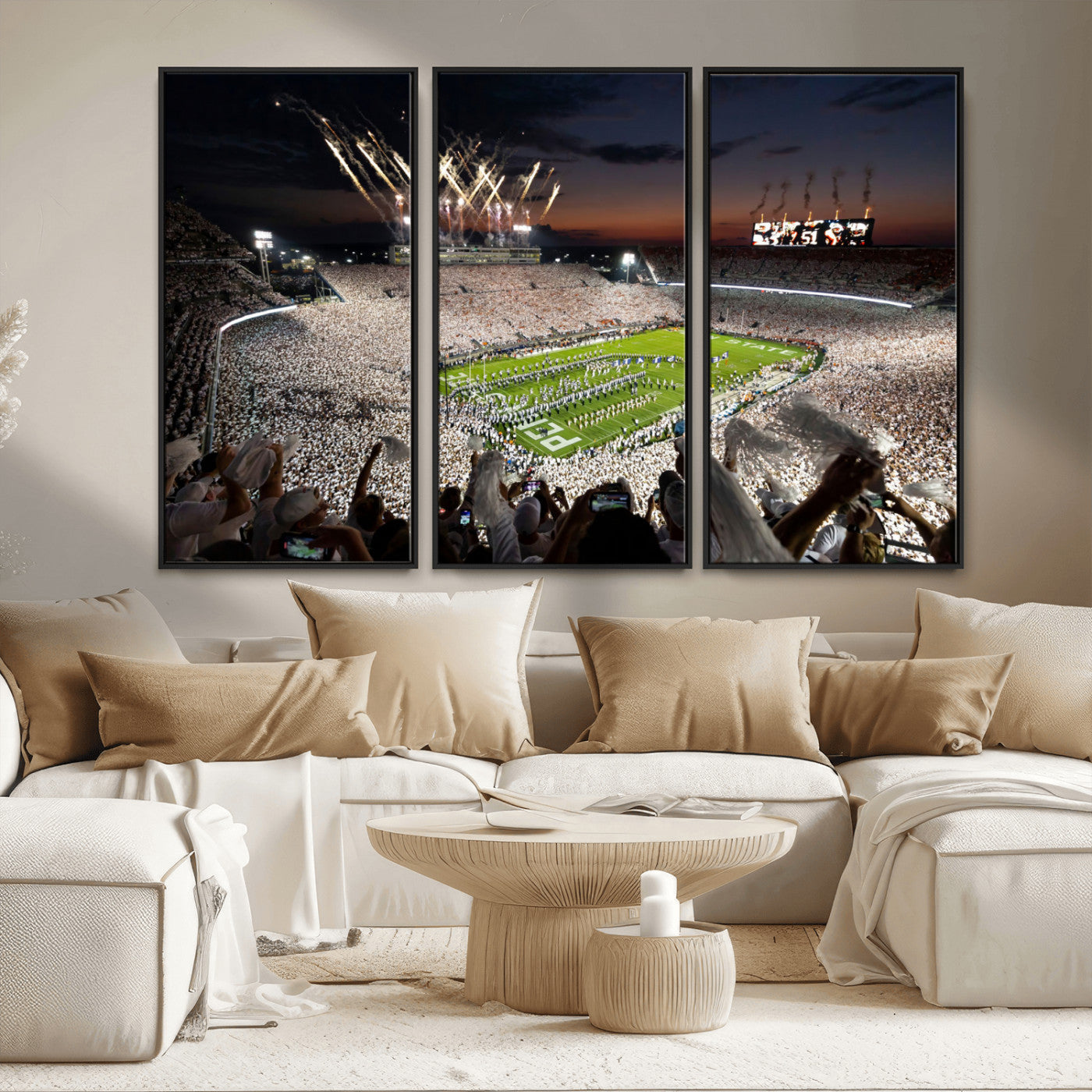 Penn-MGV-FC-48X32-3P_Black-Football Stadium Wall Art – Panoramic Night Game Canvas Print, Packed Crowd with Fireworks, Sports Decor for Office, Man Cave, Bar