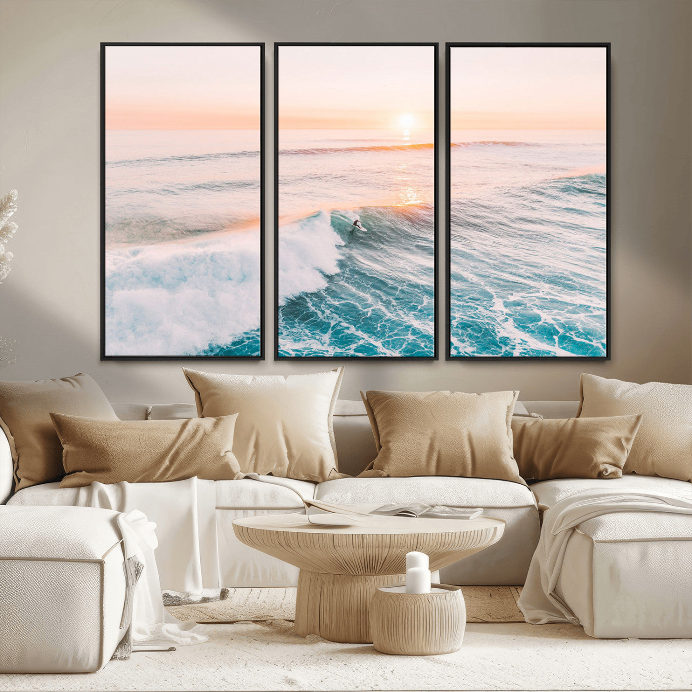 34064591-MGV-CV-36X24-Surfing Wall Art – Sunset Ocean Wave Canvas Print, Surfer Riding Sea Photography Decor for Bedroom, Living Room, Office, Coastal