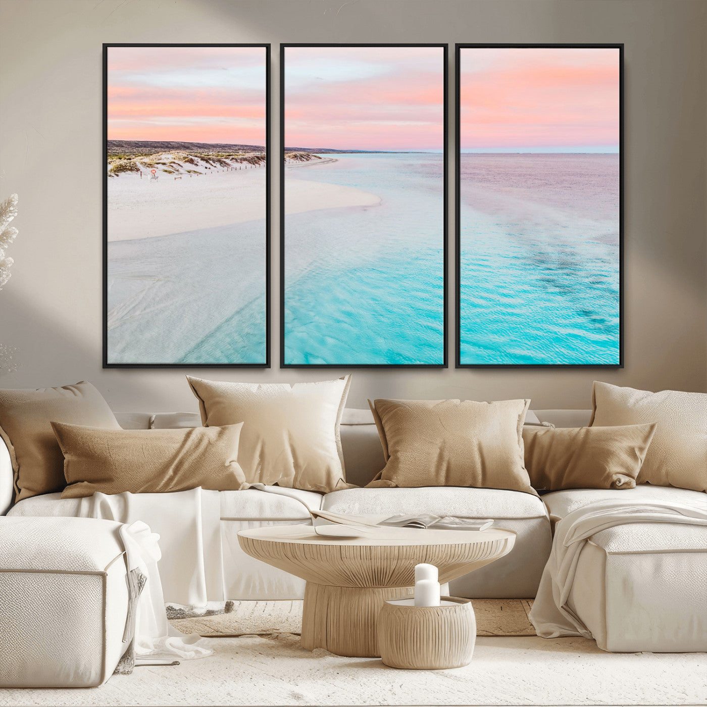 41613614-MGV-FC-48X32-3P_Black-Beach Sunset Wall Art – Pastel Ocean Canvas Print, Turquoise Water and Pink Sky Photography Decor for Bedroom, Living Room, Office