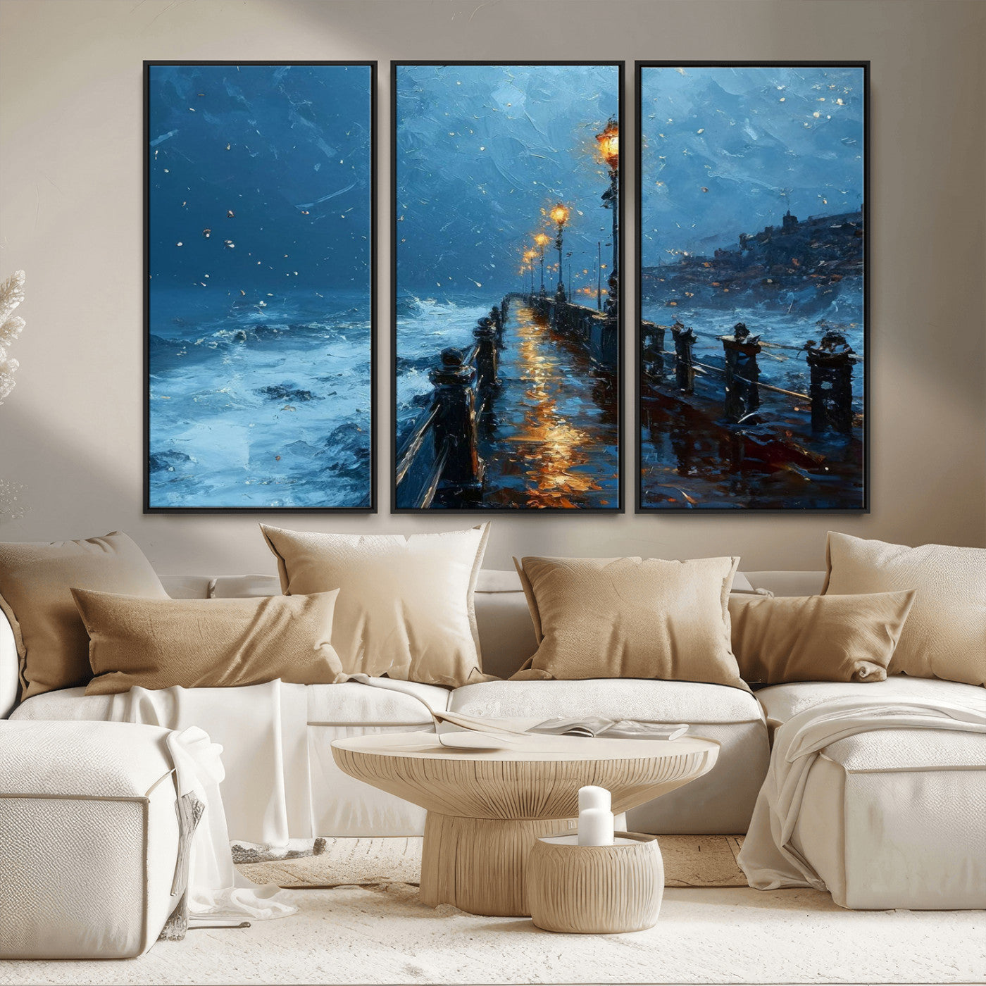 93793246-MGV-FC-48X32-3P_Black-Stormy Night Pier Canvas Wall Art – Moody Ocean Landscape with Lights, Blue Coastal Seascape Print for Bedroom, Living Room,