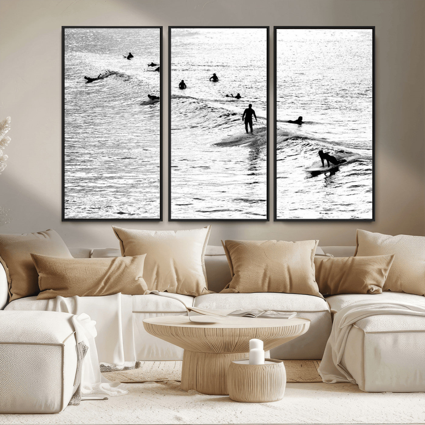 68018616-MGV-CV-36X24-Black and White Surf Photography Print – Minimalist Ocean Wall Art, Surfers Riding Waves, Coastal Beach Decor for Modern Home or