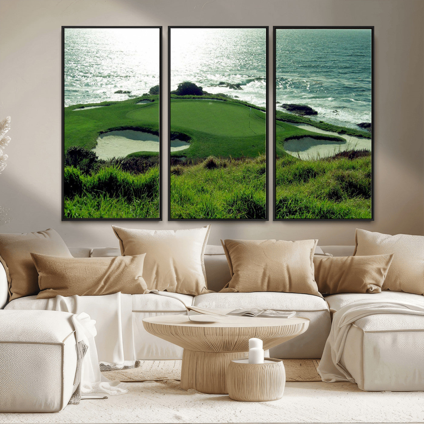 48473947-MGV-CV-36X24-Ocean Golf Course Wall Art – Panoramic Green Fairway Canvas Print, Coastal Golf Landscape Photography Sports Decor for Office, Man
