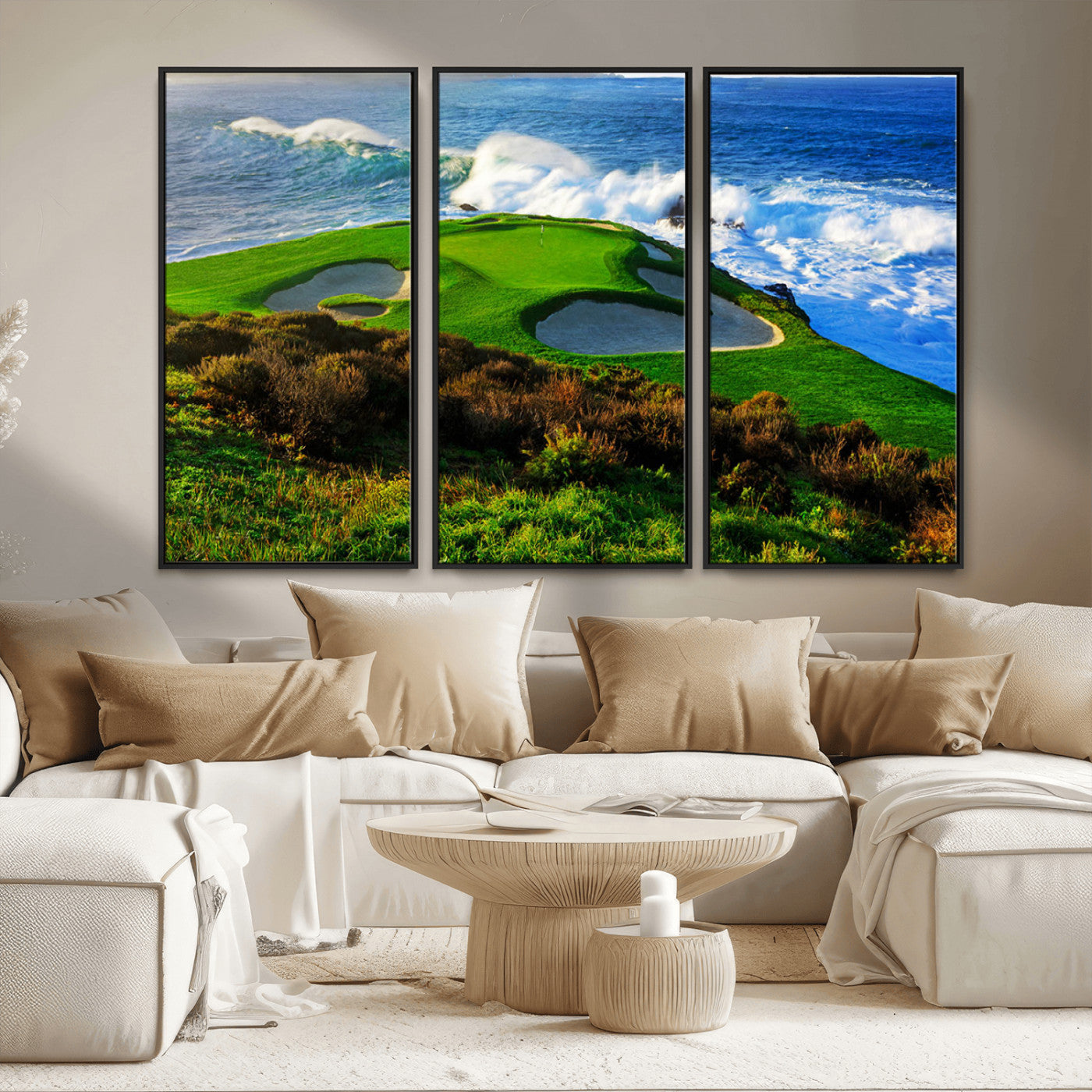 34181847-MGV-CV-36X24-Coastal Golf Course Wall Art – Panoramic Ocean Fairway Canvas Print, Scenic Sports Photography Decor for Office, Man Cave, Living