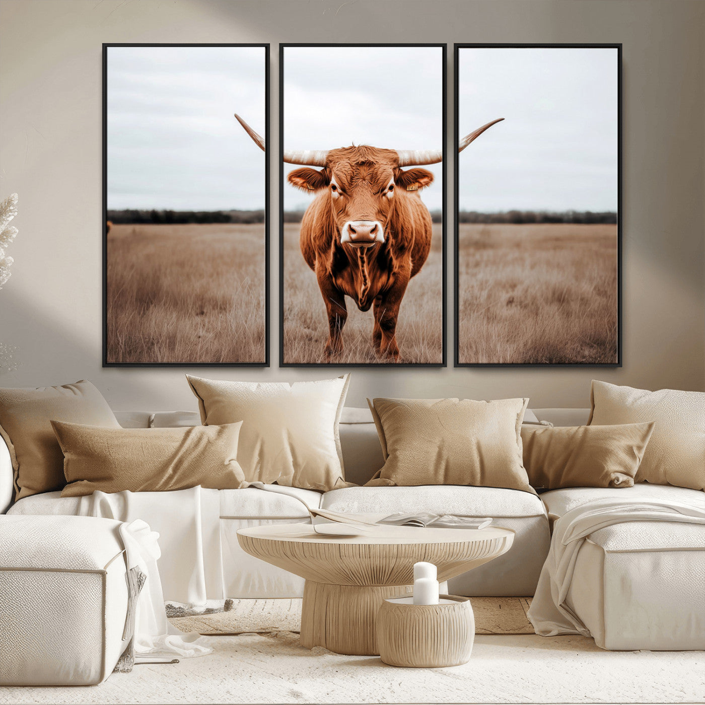 16316734-MGV-FC-48X32-3P_Black-Texas Longhorn Wall Art – Rustic Bull Portrait Canvas Print, Western Farmhouse Animal Photography Decor for Living Room, Office,